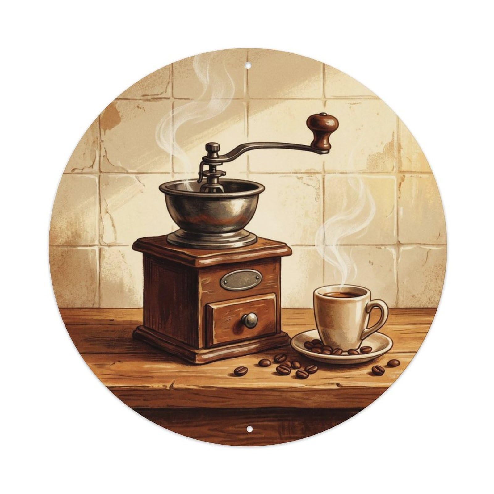 Vintage Hand Crank Grinder Coffee Shop Espresso Beans Metal Tin Sign Plaque Wall Decor for Cafe, Man Cave, Club Bar, Office, Home Garden Round Metal Poster 8x8Inch