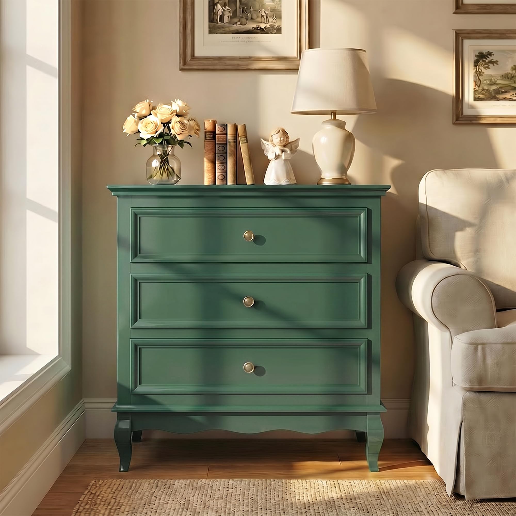 Amazon.com: RoyalCraft Green Nightstand for Bedroom, Wide Nightstand with 3  Drawer, Modern End Table, Wood Beside Table for Home and Office, Green :  Home & Kitchen