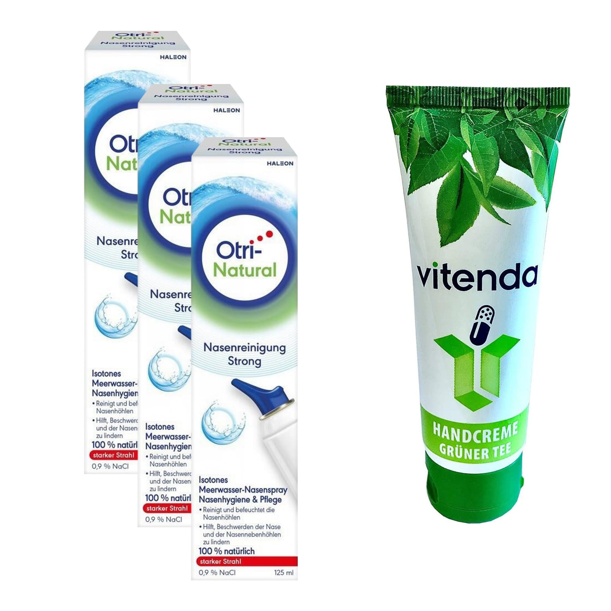 Set: Nasenspülung Meerwasser Nasenspray isoton zur Reinigung & Befeuchtung mit OtriNatural, 3x125ml – inkl. vitenda Handcreme