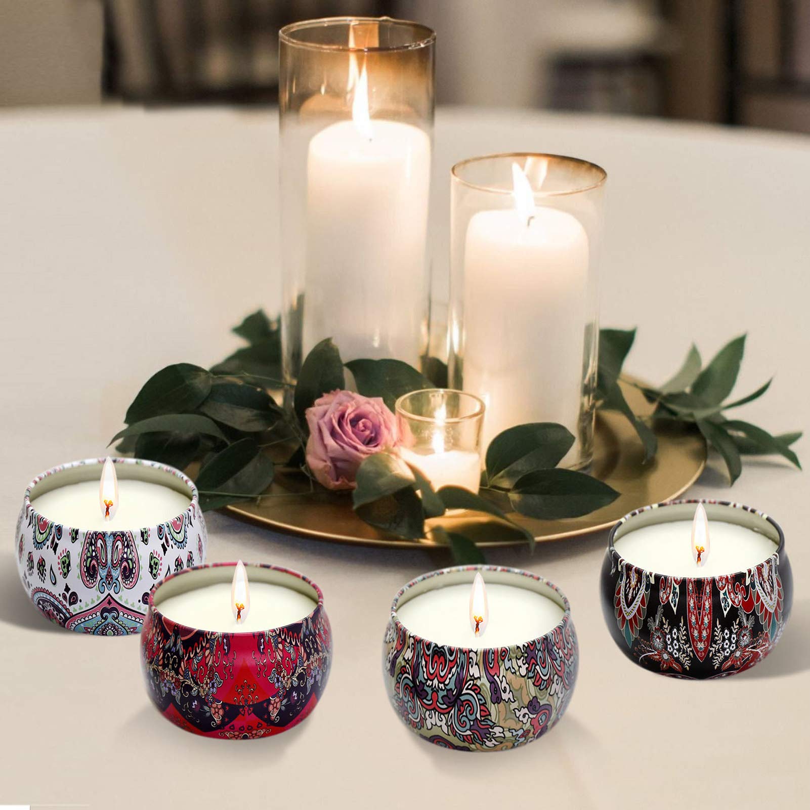 Set de velas con aroma 4 latas, cera natural de soja natural, decoración para el hogar velas de hojalata sin humo, día de la madre regalos de cumpleaños de Navidad