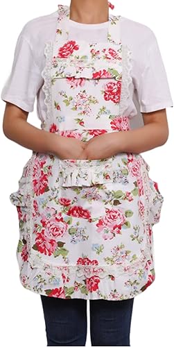 Delantal floral de algodón para mujer con bolsillos, lazos largos ajustables para cocina, hornear y jardinería