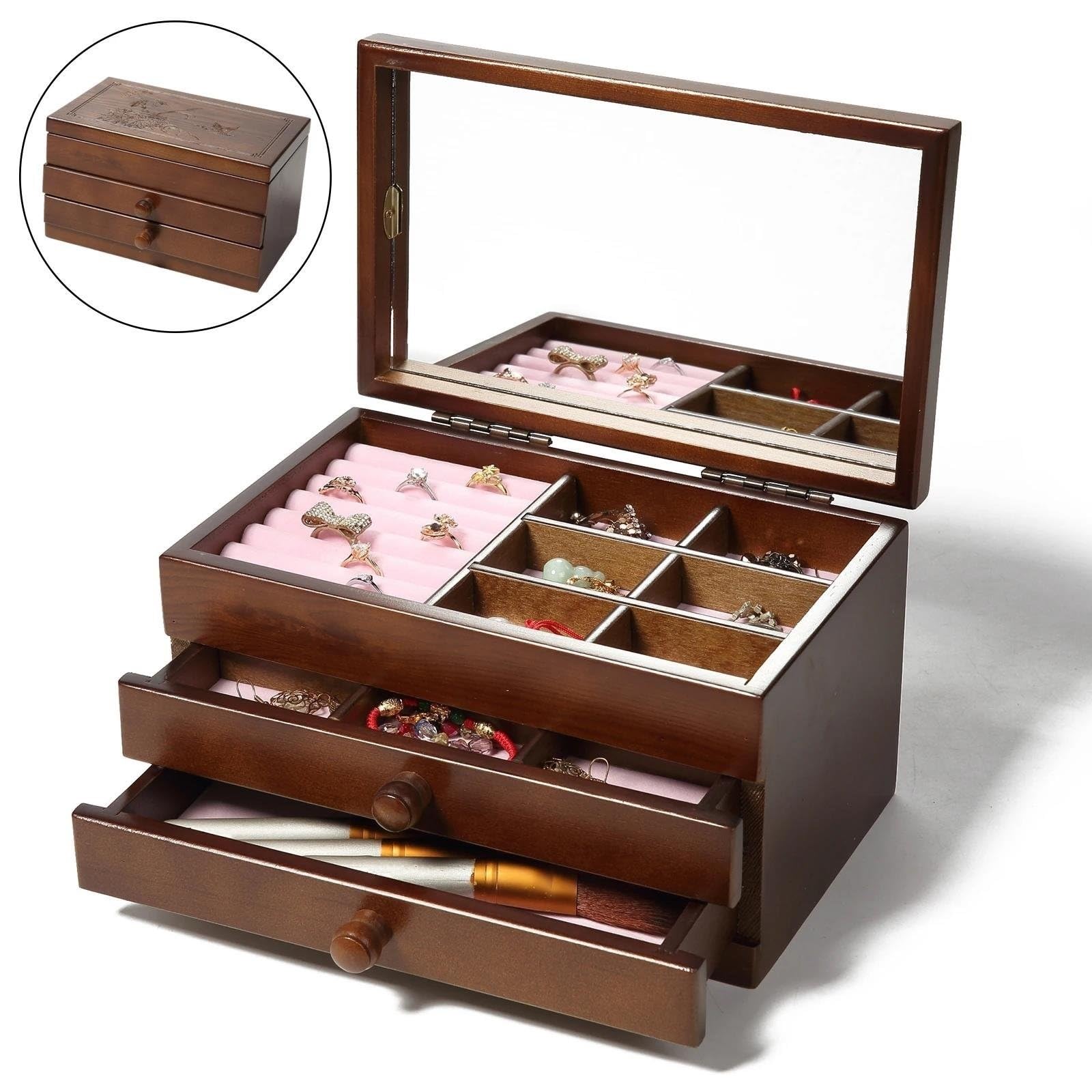 Halsketten Organizer 3 Ebenen Holzschmuck Aufbewahrungsbox Uhren Ohrringe Halsketten Ringe Behälter mit Schubladen und Spiegel Arbeitsplatten Schmuck Aufbewahrung Ohrring Juwelierschachtel Halskette
