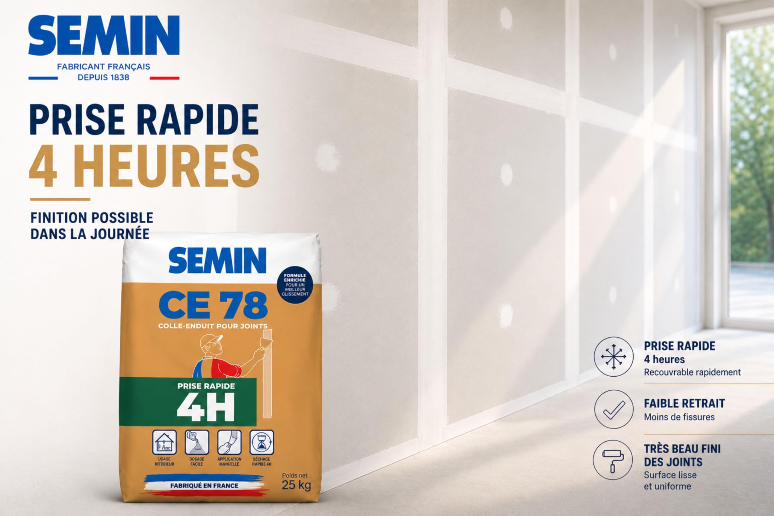 Semin A00640 CE 78 - Sellador rápido para juntas de placas de yeso, tiempo de toma 4 horas, interior, bolsa de 25 kg