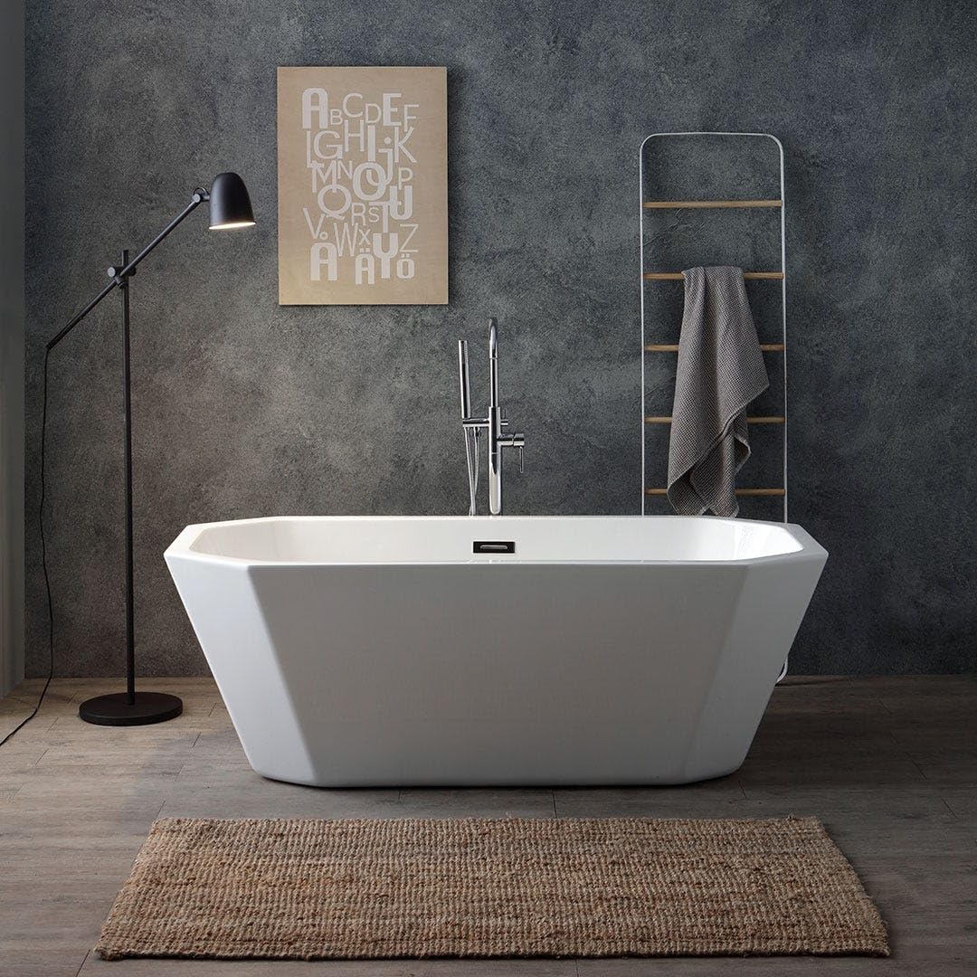 Kiamami Valentina Bañera Central acrílica Octogonal Blanca Betty | 161 x 74 x 56 cm (largo x ancho x alto), orificio de rebosadero, desagüe incluido, diseño moderno para baño