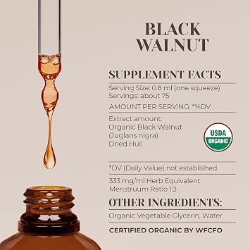 Black Walnut USDA Organic Alcohol-Free Extract | Dietary Supplement, High-Potency Tincture | Natural Certified Organic Black Walnut (Juglans Nigra) Dried Hull (2 oz)