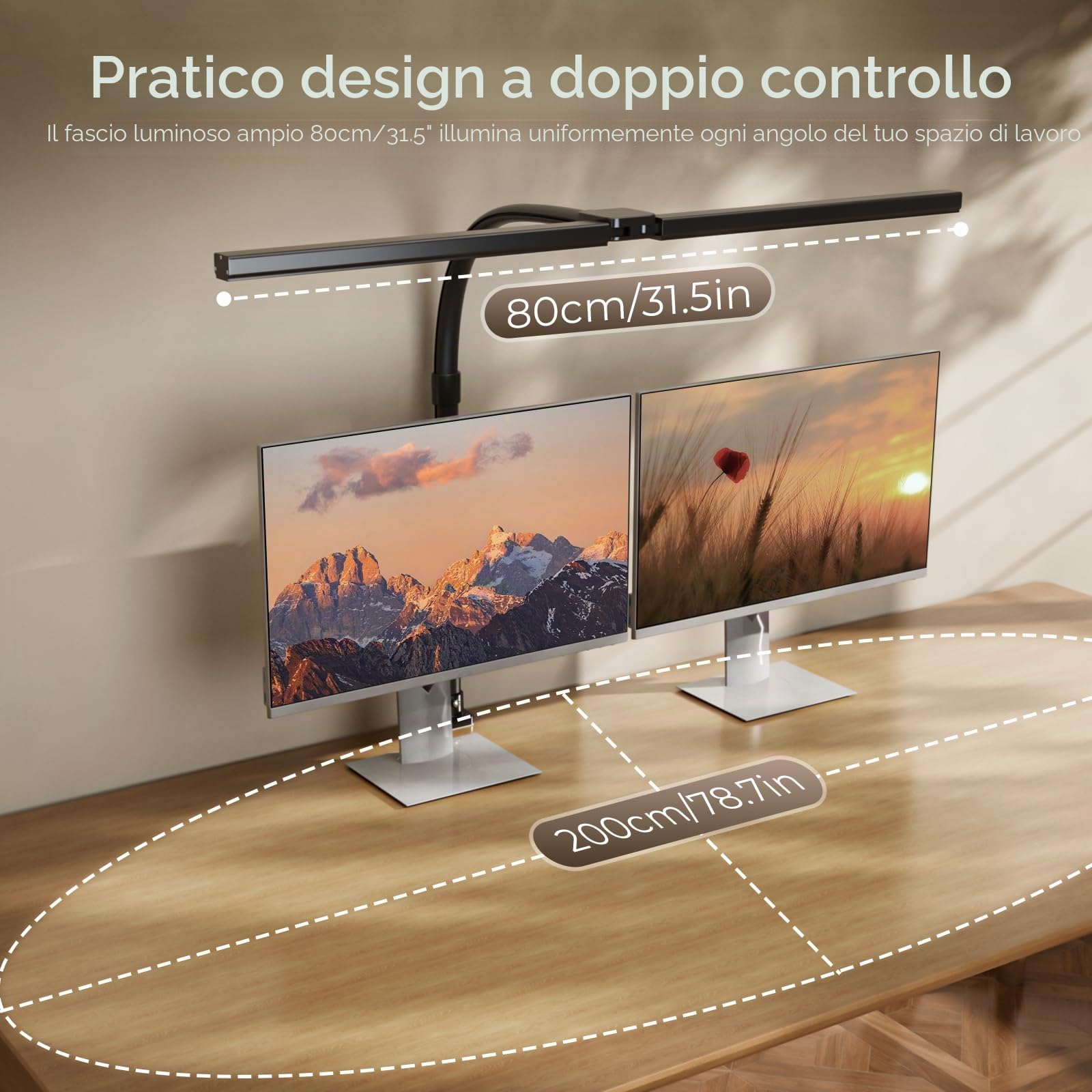 1300LM Lampada Da Scrivania A 24W Doppia Testa 80CM LED Dimmerabile Con Telecomandocon Morsetto Per Monitor,Lampada Da Tavolo A Luce Diurna Per Ufficio A Casa Braccio Orientabile Da Tavolo
