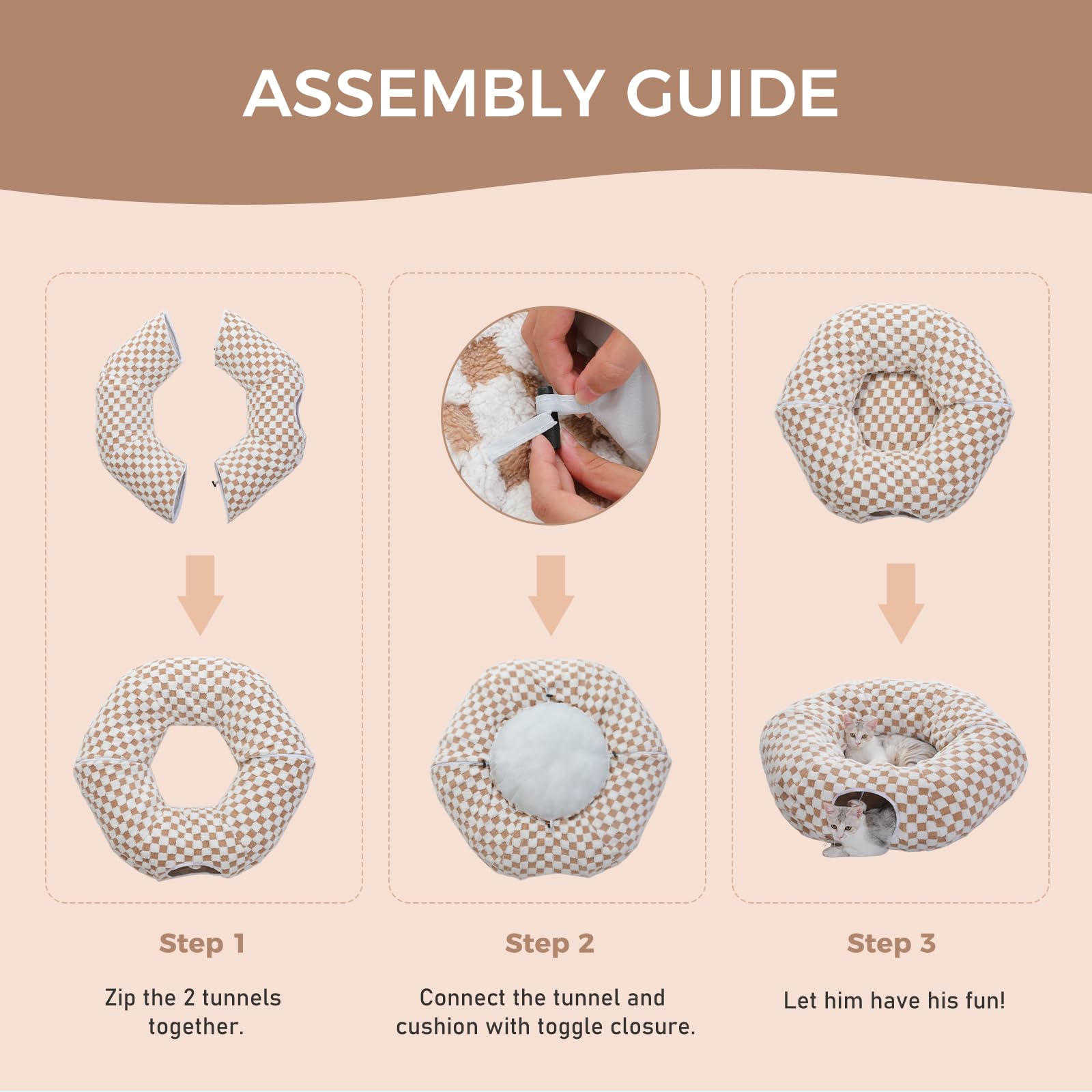 PEQULTI Túnel para gatos con cama para gatos de interior, túnel de dona con alfombrilla de felpa suave lavable, túnel redondo para gatos, lindo tubo para gatitos, cachorros, conejos y hurones, marrón