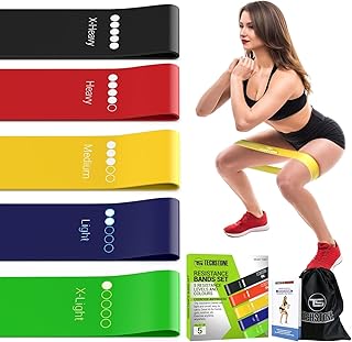 TechStone Resistance Bands Set for Men and Women, Pack of 5 Different Levels Elastic Band for Home Gym Long Exercise Workout – Great Fitness Equipment for Training, Yoga – Free Carrying Bag