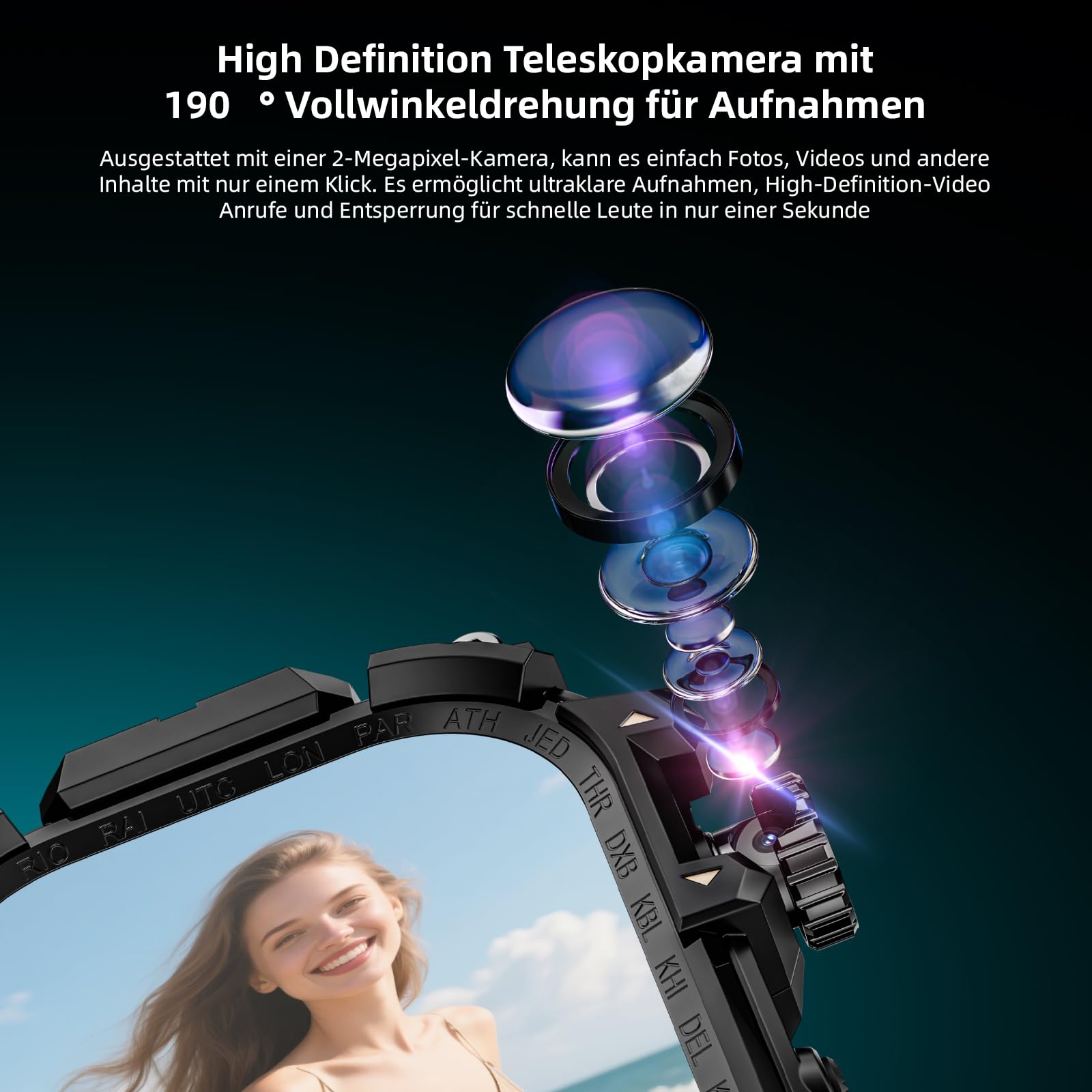 LOKMAT 2,06''AMOLED 4G Smartwatch mit großem Bildschirm, 3 GB + 32 GB, robuste Militär-Sport-Android-Smartwatch für Herren mit drehbarer Kamera, WiFi, GPS, NFC, für Männer und Frauen (Schwarz)