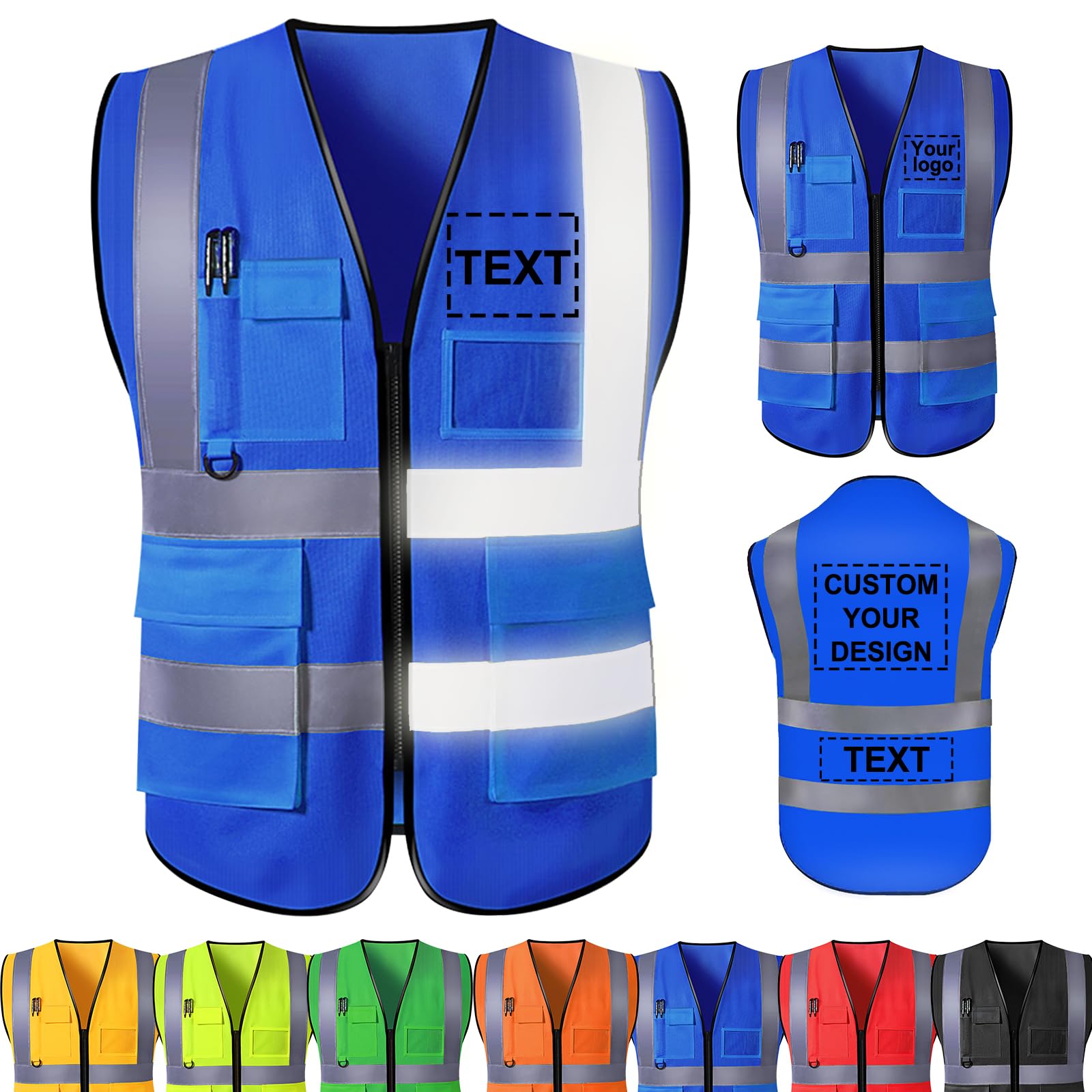 Custom Safety Vest Personalized Reflective Vest with Logo Pockets Customized High Visibility Vest, Men Women Construction Worker Outdoor Protective Workwear