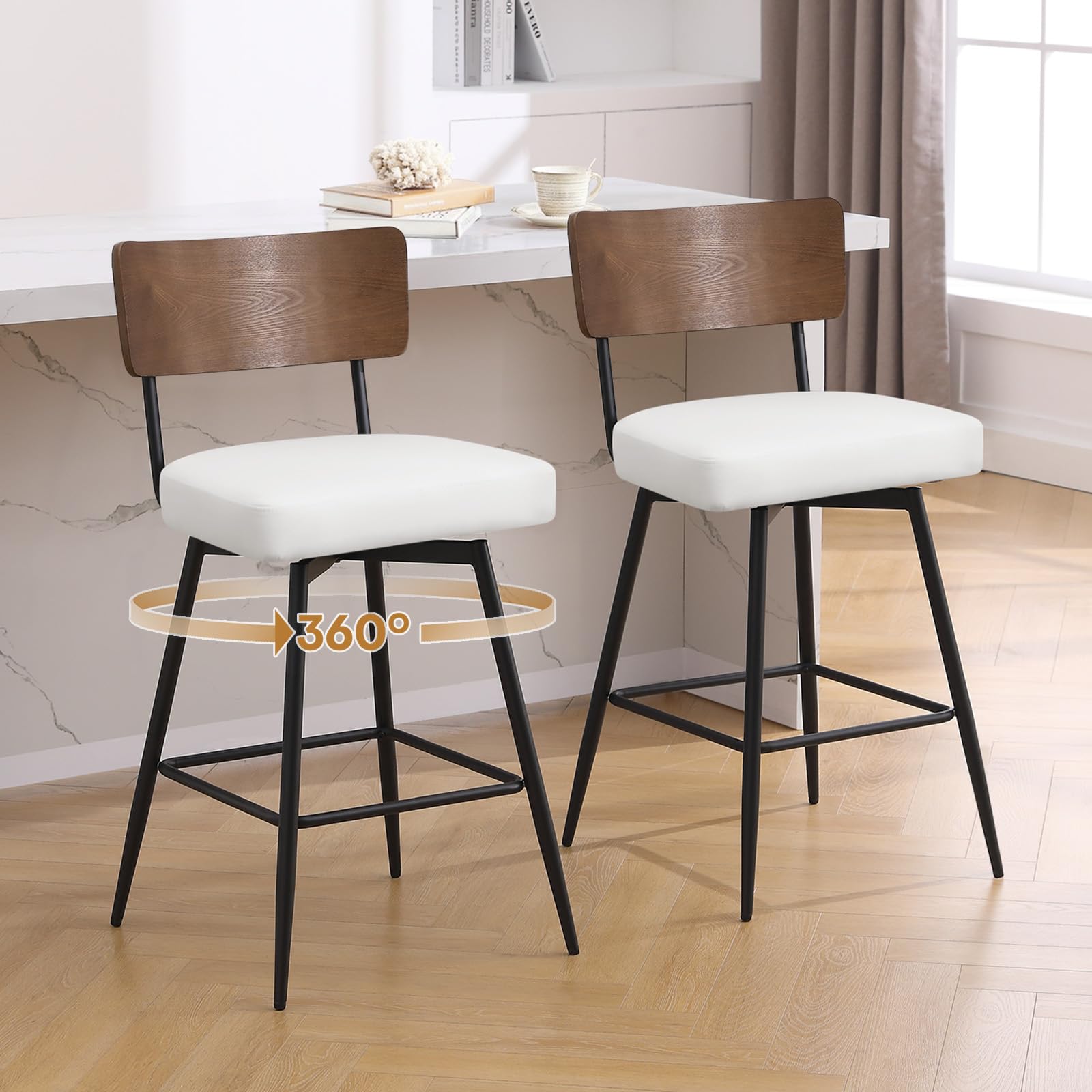 Bekrvio Juego de 2 taburetes de bar giratorios 360 ° con respaldo, 66 cm de altura, silla giratoria con asiento de piel sintética y respaldo de madera maciza, silla de bar con marco de metal, taburete