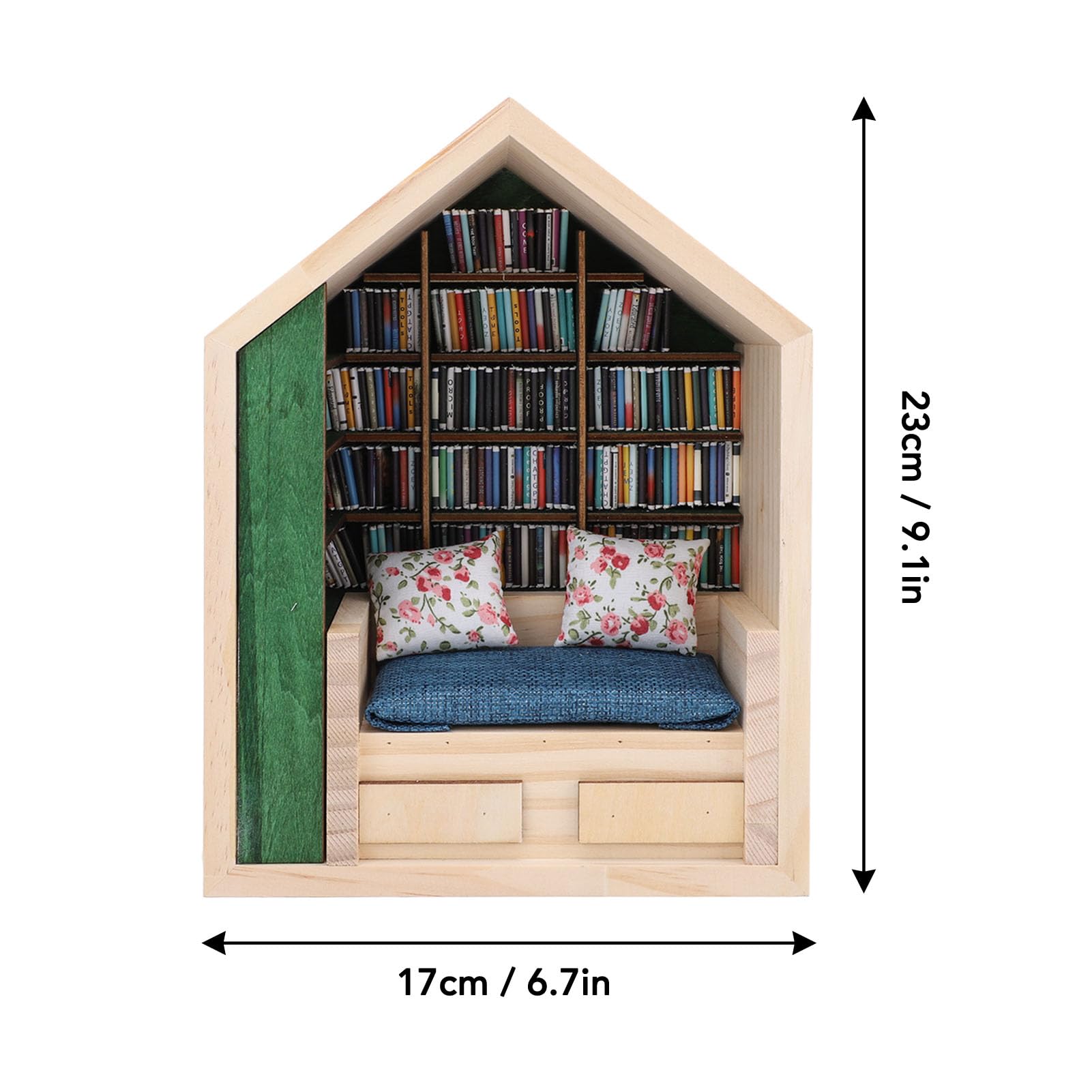 Anxiety Bookshelf Ornament Small Wooden Bookshelf Delicate Craftsmanship Cute Stress Reliever Miniature Bookshelf with Books, Pillows for Book Lovers Home Offices Decor