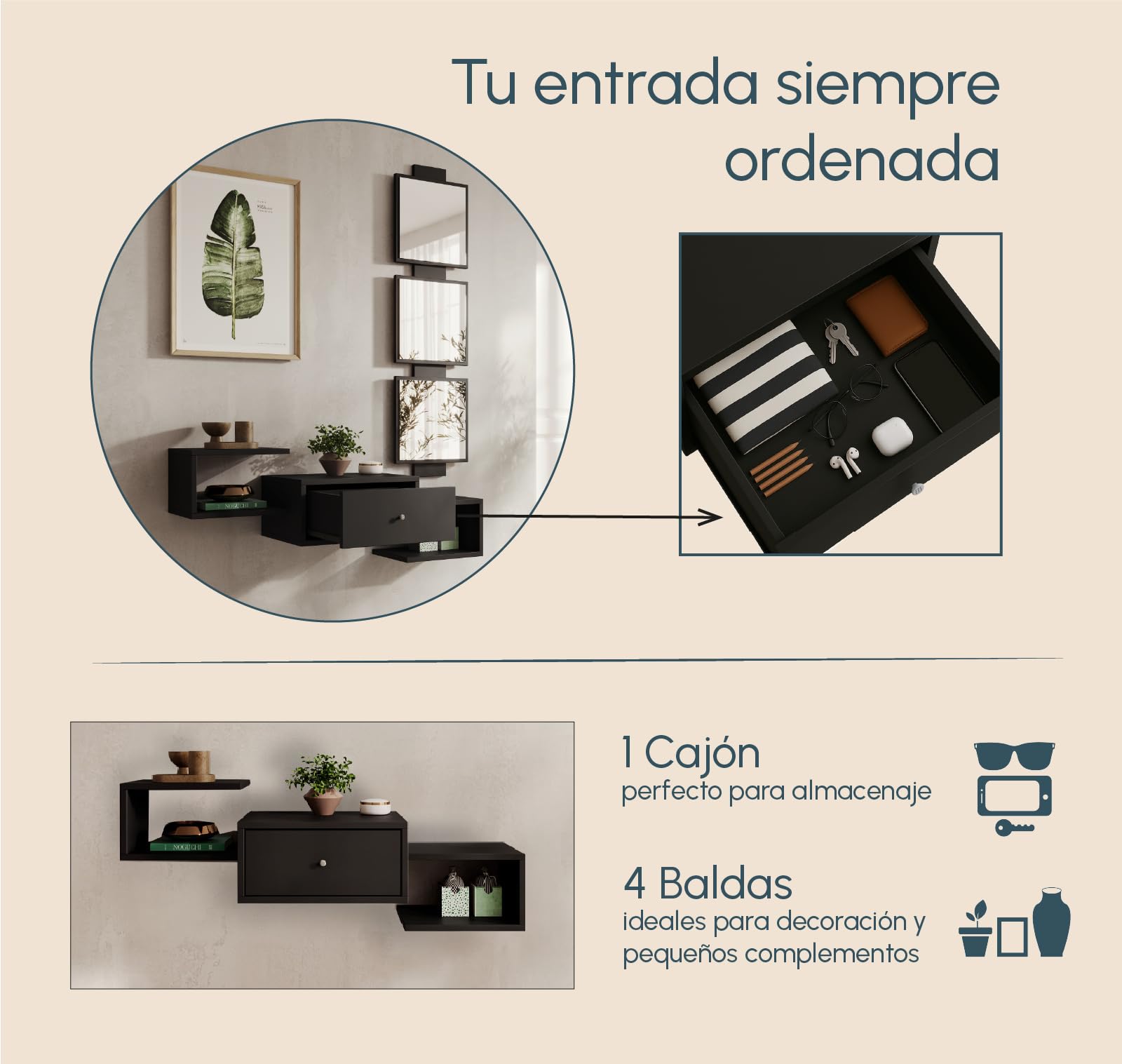 MB Muebles Bonitos | Recibidor Suspendido Neo con Espejo Modular y Cajón | Mueble de Entrada Flotante Moderno | Estante de Pasillo de Diseño | Melamina Mate | 99x145x29 cm | Color Negro