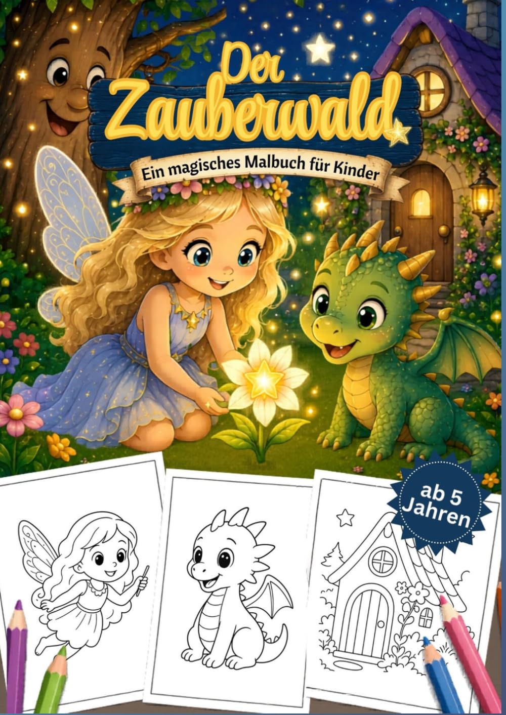 Zauberwald Malbuch für Kinder: Niedliche Fantasy-Ausmalbilder mit Feen, Drachen, Elfen und Waldtieren für Kinder ab 5 Jahren
