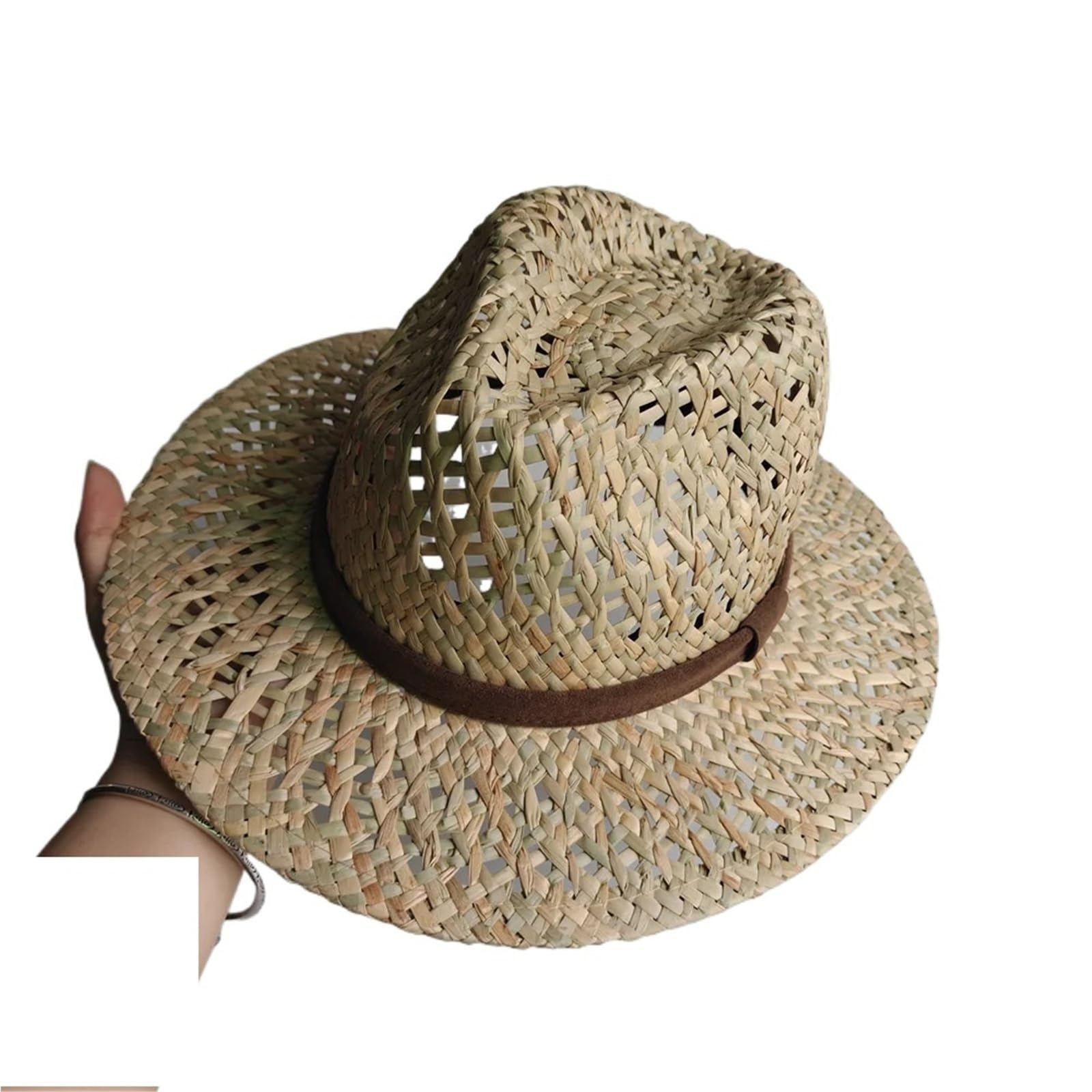 Cappello Fedora da Donna in Paglia Intrecciata A Mano con Nastro Marrone, Panama Spiaggia Traspirante