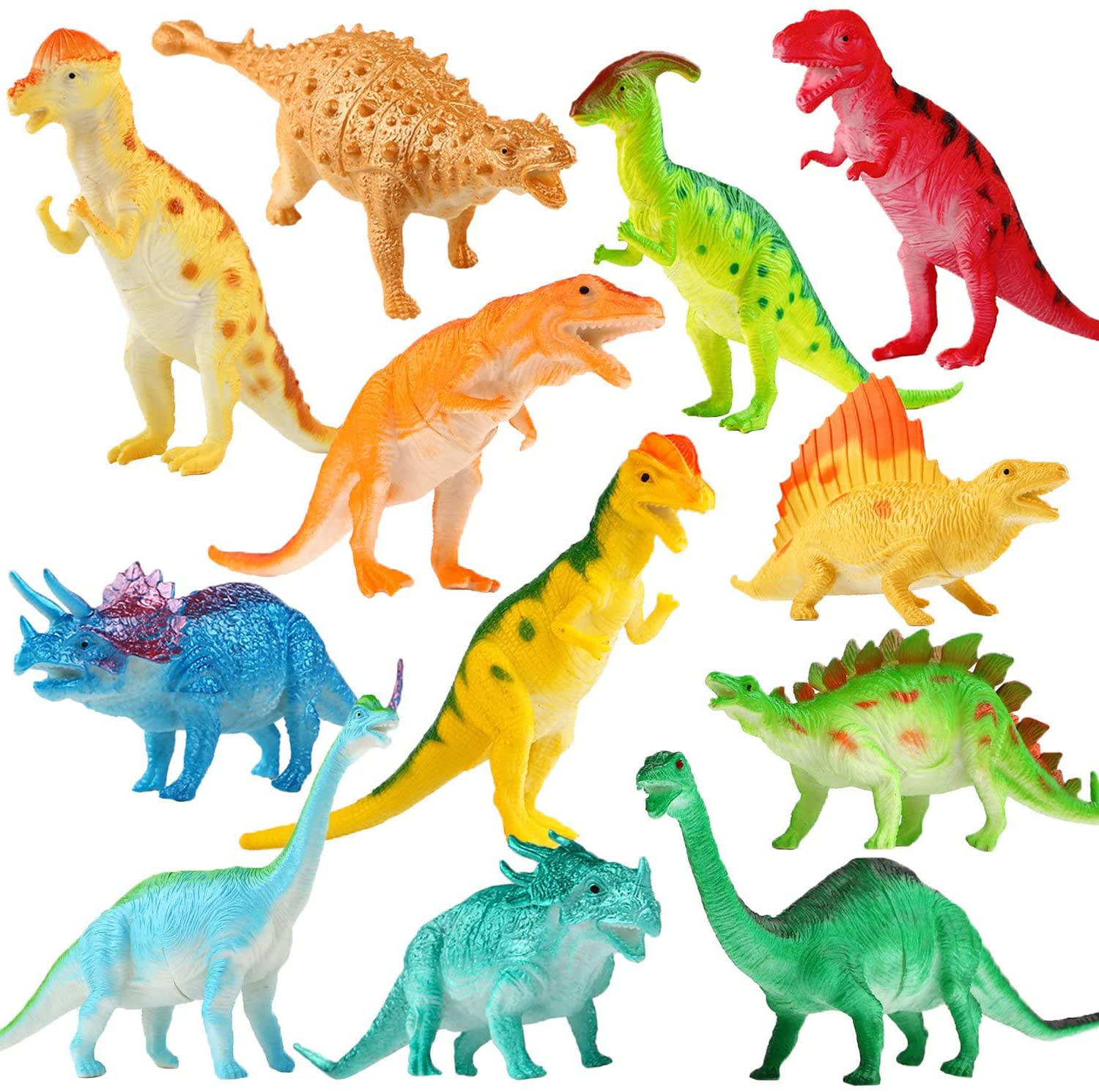 Jumbo Dinosaur Toy Playset - Assorted Realistic Dinosaurs, 7 Inch Vinyl Plastic Dino Set (12 pack)