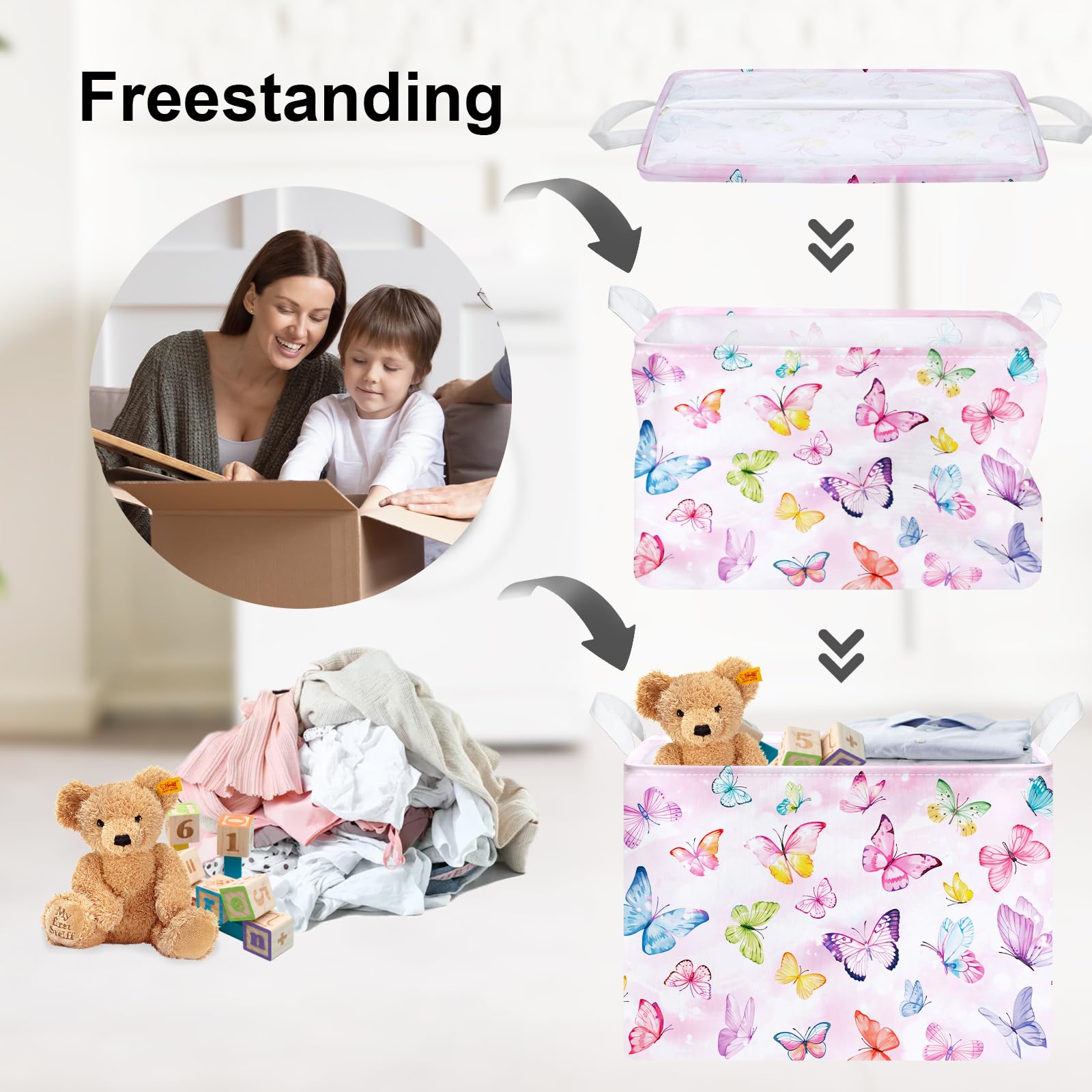 Clastyle Ceste Biancheria Bambini Farfalla Cestino Giocattoli Vestiti Impermeabile per Donna Ragazza Cestino Portaoggetti per Bagno Cameretta Bucato, Rosa, 40x30x30 cm