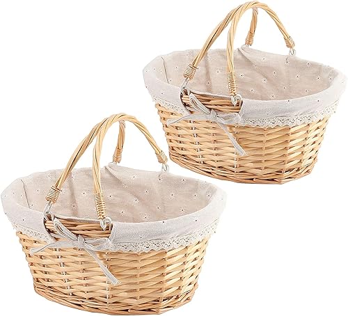 Miniatura 8 de ZOENHOU 2 cestas vacías de mimbre marrón para regalo, tejida a mano, cesta de picnic de sauce con asas para recoger frutas, verduras, huevos,