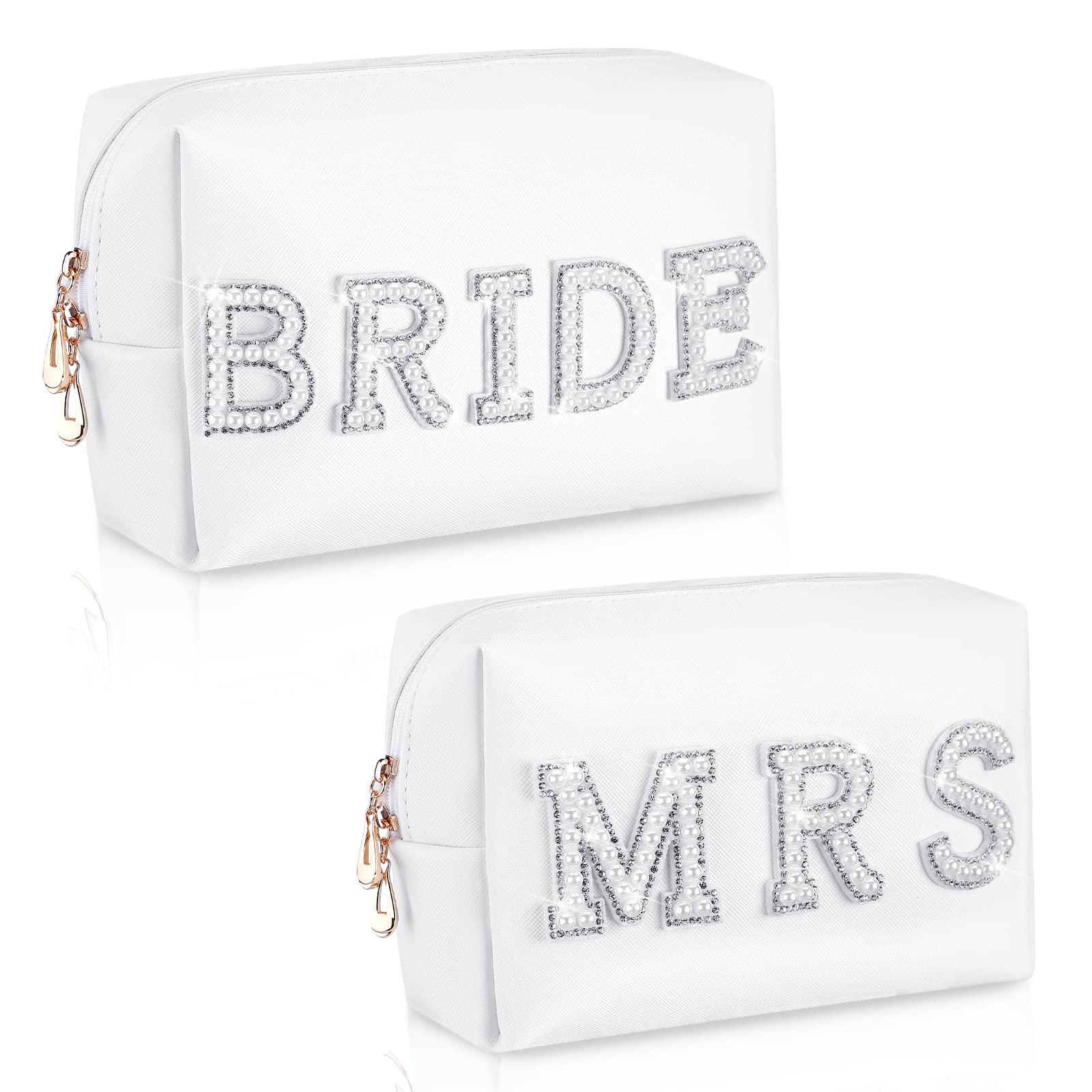 Pinkunn2 Pcs Bride Gift Mrs Wifey Makeup Bag Pearl Rhinestone Patch Cosmetic Bag Wedding White PU Leather Travel Toiletry Purse Honeymoon Bridal Shower Gift for Bride Women Party Organizer