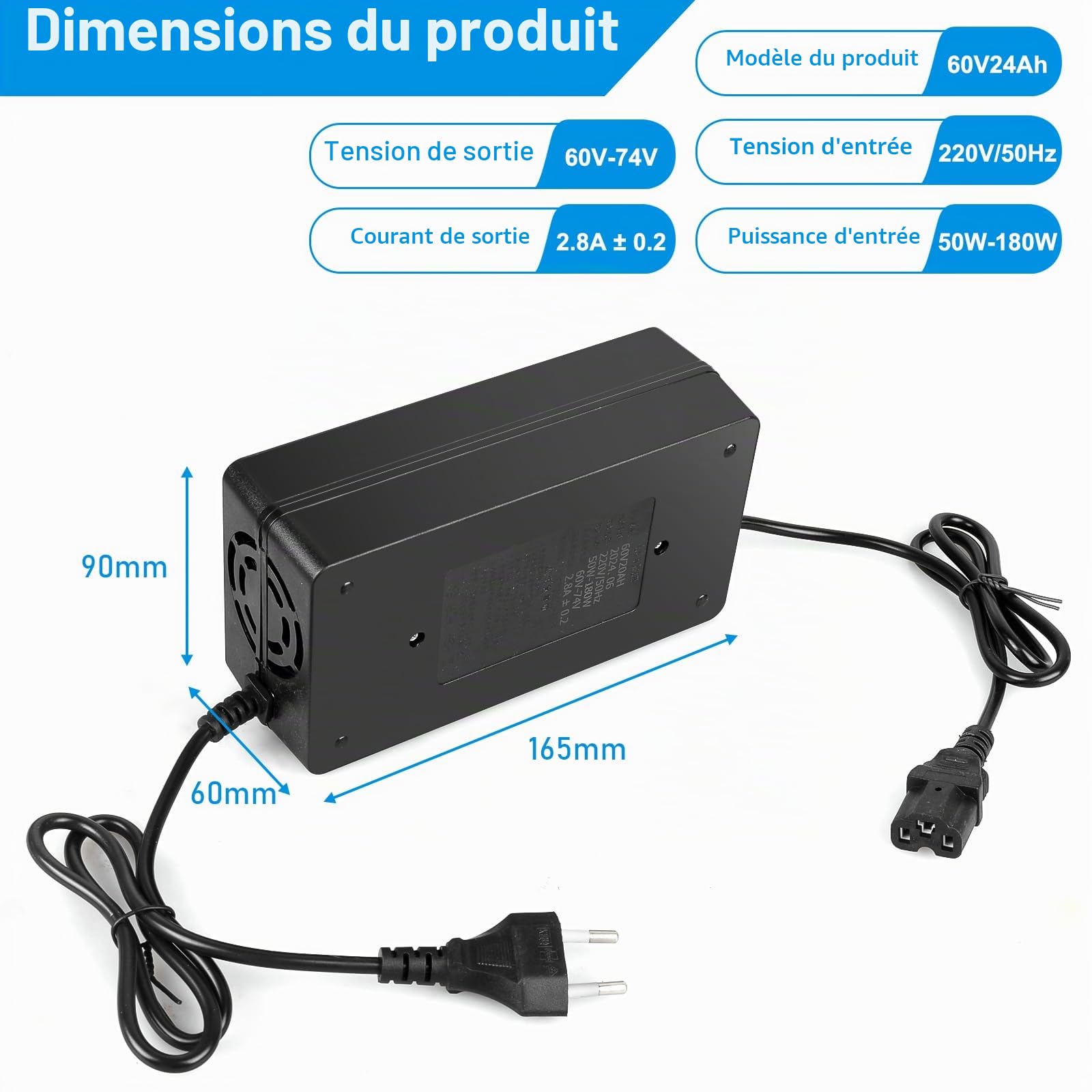 Chargeur de batterie 60V 20Ah pour scooter et vélo électrique