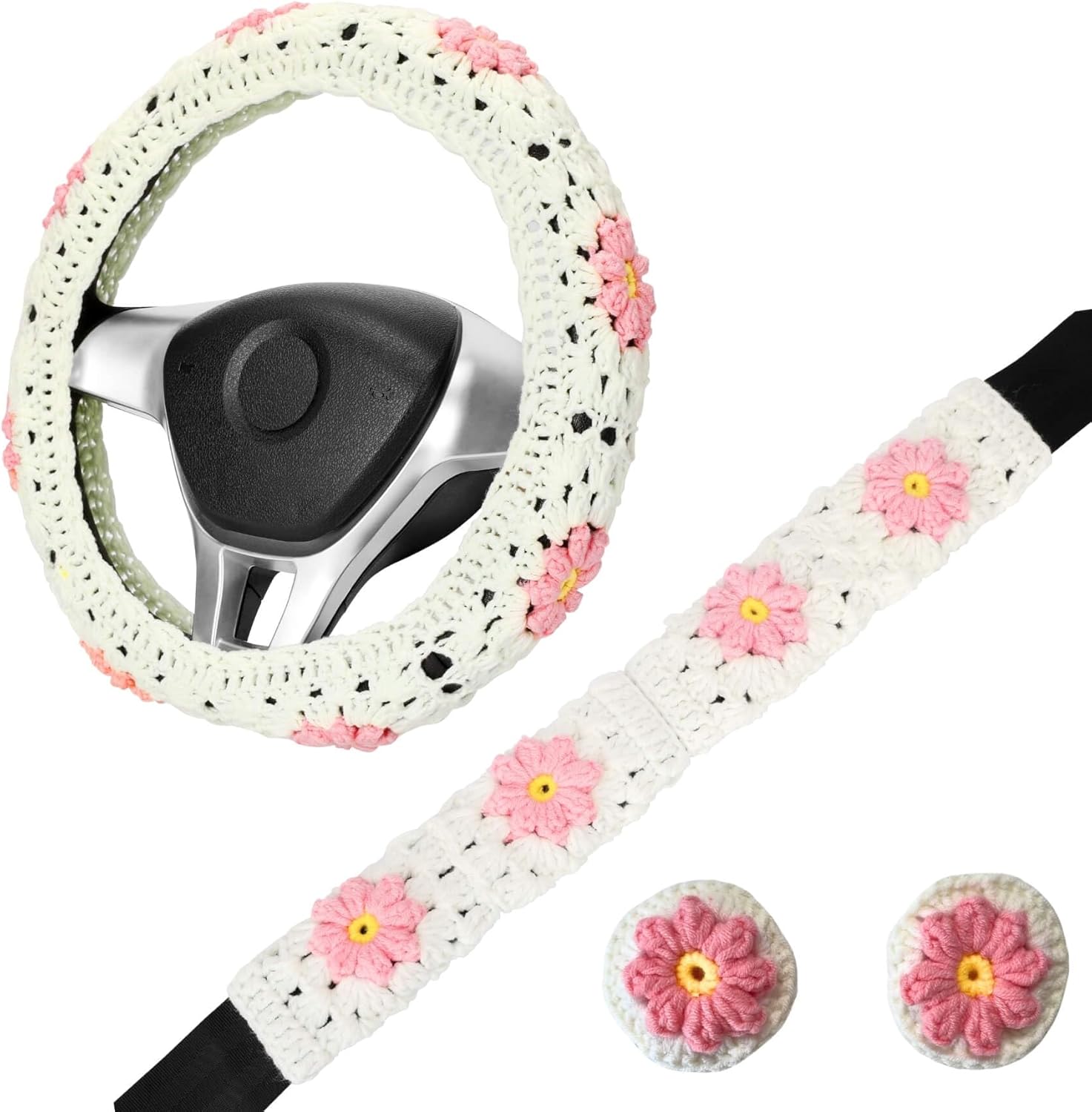 14-15'' Crochet Steering Wheel Cover Set,Vintage Handmade Daisy Granny Square Seat Belt Cover, Boho Car Interior Accessories Decoration for Women HZYZW (HZYZW43, Wheel Cover Set)