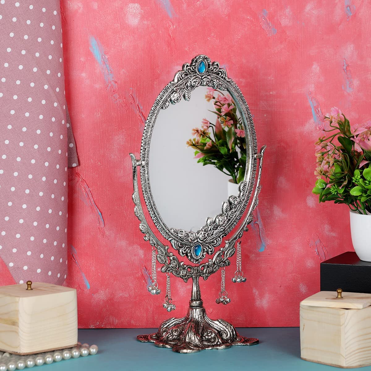 NM Aluminium Oval Double Side Table Top Mirror 360 Degree Rotating, 35X20 Cm Silver,Gifting,Makeup,Decor 1