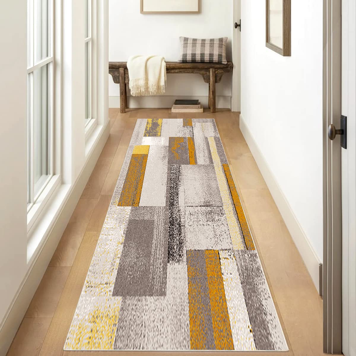 Tapis Couloir,Tapis de Cuisine Devant Evier Patchwork 60x180cm jaune/beige/crème Tapis de Couloir Moderne Antiderapant Lavable Tapis Cuisine Chemin Tapis Couloir Long Pour Cuisine Salon Chambre