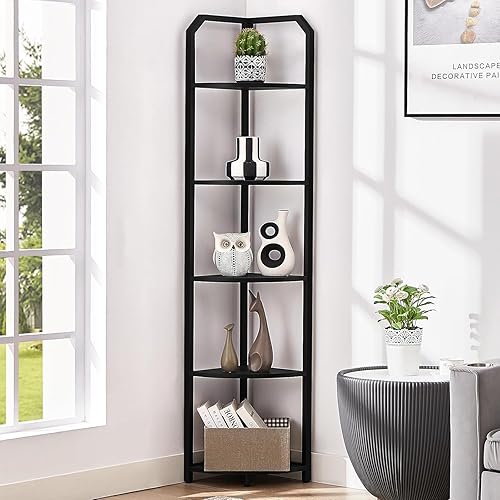 Estantería esquinera industrial de 5 niveles, estante esquinero independiente con marco de metal, soporte de esquina abierto para plantas para