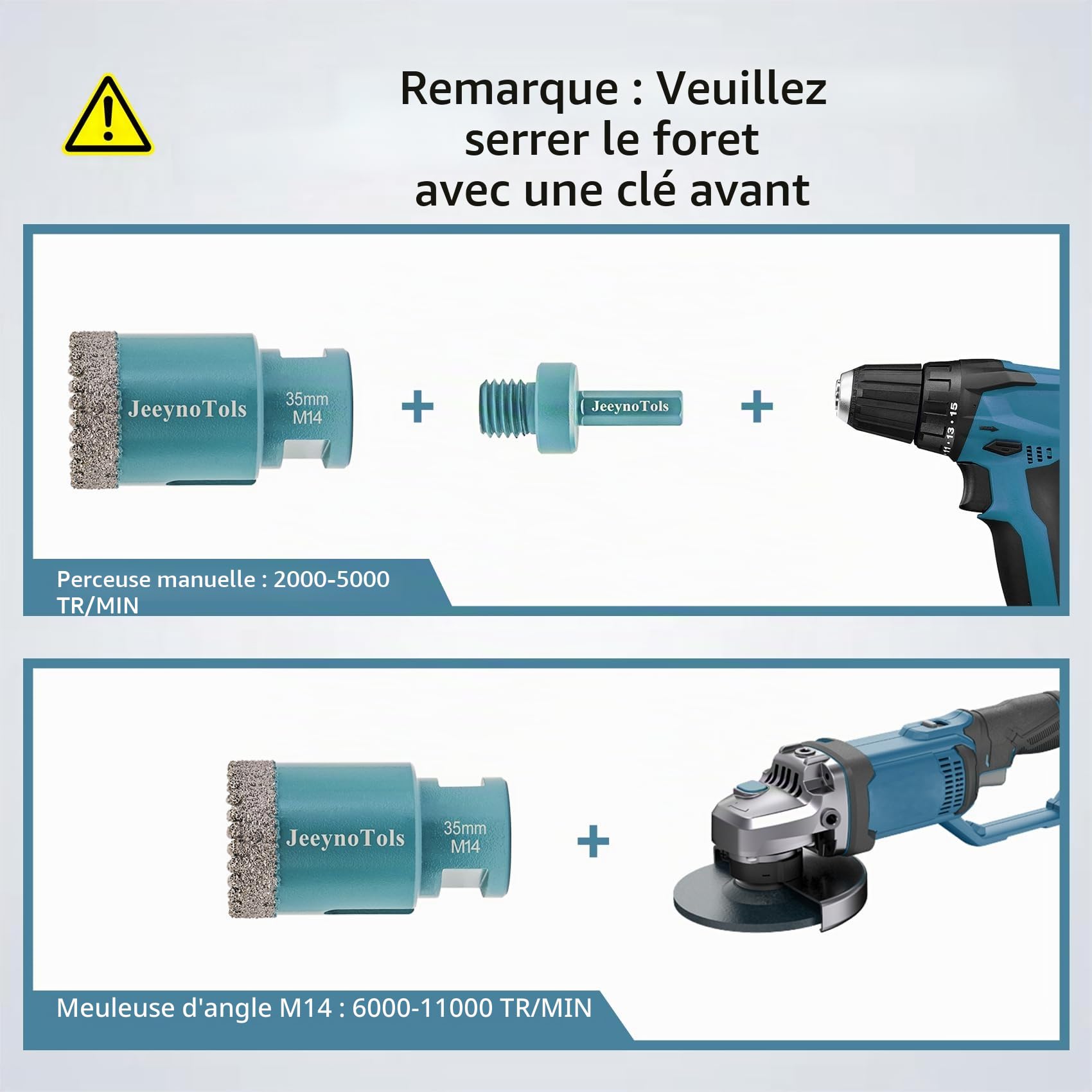 Foret diamant kit 11 pièces (6/8/10/25/35/50/68/110mm+ Mèche fraiser 20mm + Mèche chanfreiner 50mm + adaptateur queue hexagonale) - JeeynoTols trou pour carrelage avec filetage M14.