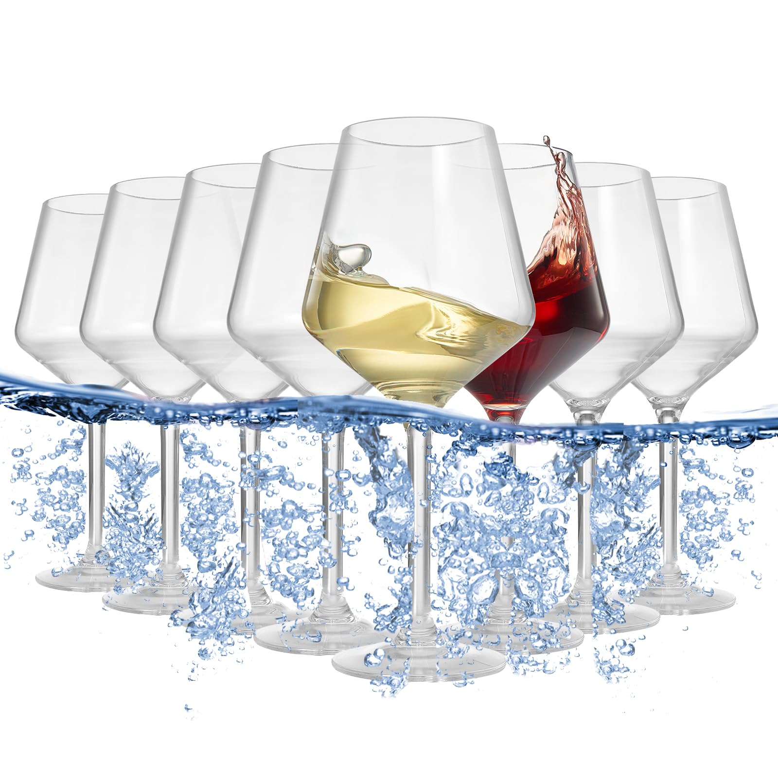 Khen Copas de vino irrompibles con tallo, acrílico Tritan | Juego de 8 | Vasos de cristal de estilo europeo, 18 onzas con tallos aptos para lavavajillas, plástico inastillable, sin BPA, reutilizable,