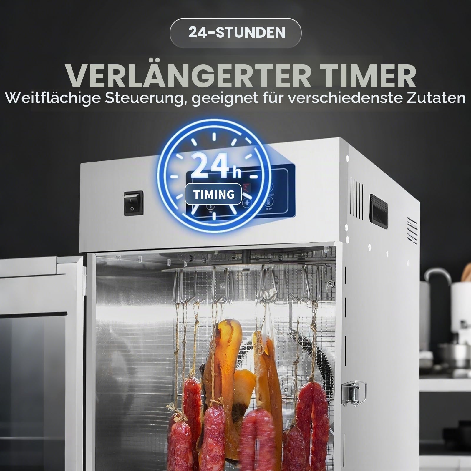 Gewerblicher Fleischtrocknungs- und Reifeschrank - Edelstahl, 360°-Drehung, Temperaturbereich 30-90℃, 24-Stunden-Timer, 15 kg Fassungsvermögen, geeignet für Beef Jerky, Würstchen usw.