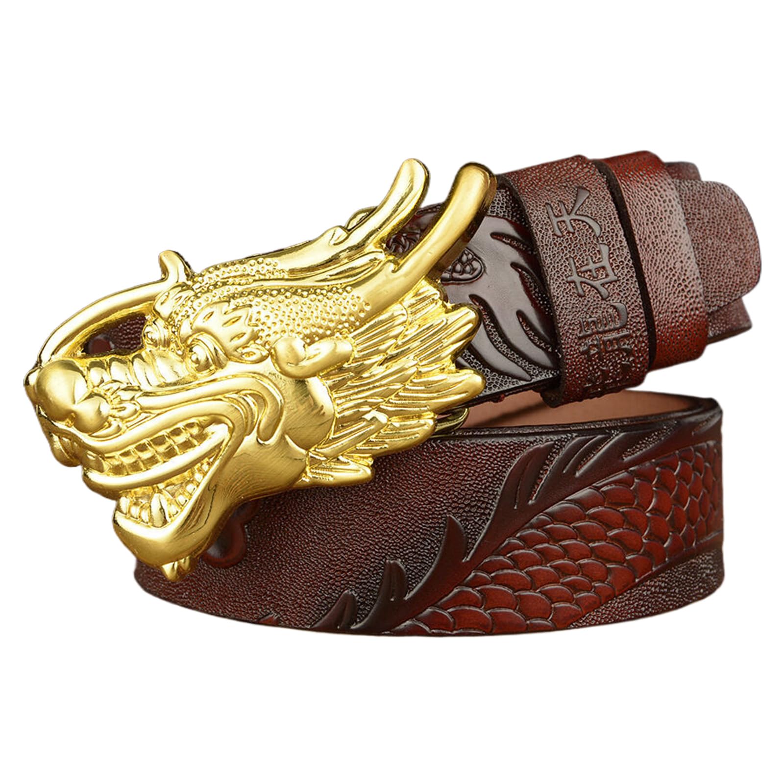 BDAYEK Men's Belt Men'S Belt Cowhide With Dragon Head Smooth Buckle Red 125Cm 49.2'' Fashion Western Style(Red,125Cm/49.2'')