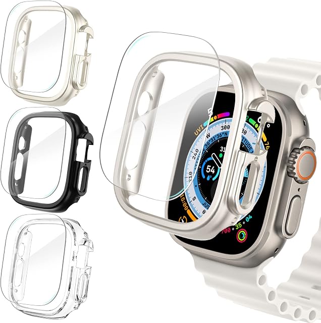 Fullife 3 Pack Hard Screen Protector Compatible for Apple Watch Ultra 49mm,Overall Shockproof Bumper Case for iWatch Ultra,3 Protective Cover+3 Pieces of Tempered Glass Film(Black/Starlight/Clear)