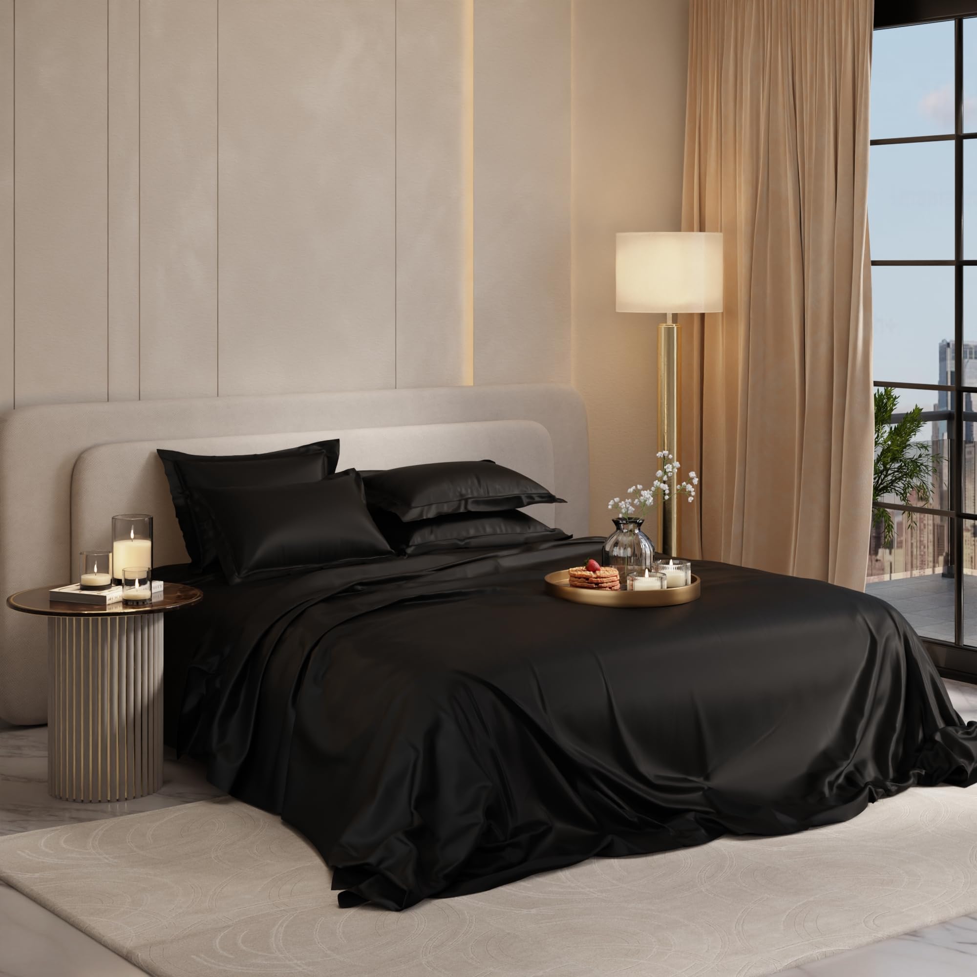 Stoa Paris Super King Size Bedsheet with 4 Pillow Covers, 300TC Satin Premium Bedding Set, Housewarming, Wedding Gift for Couple, Date Night - Midnight Black
