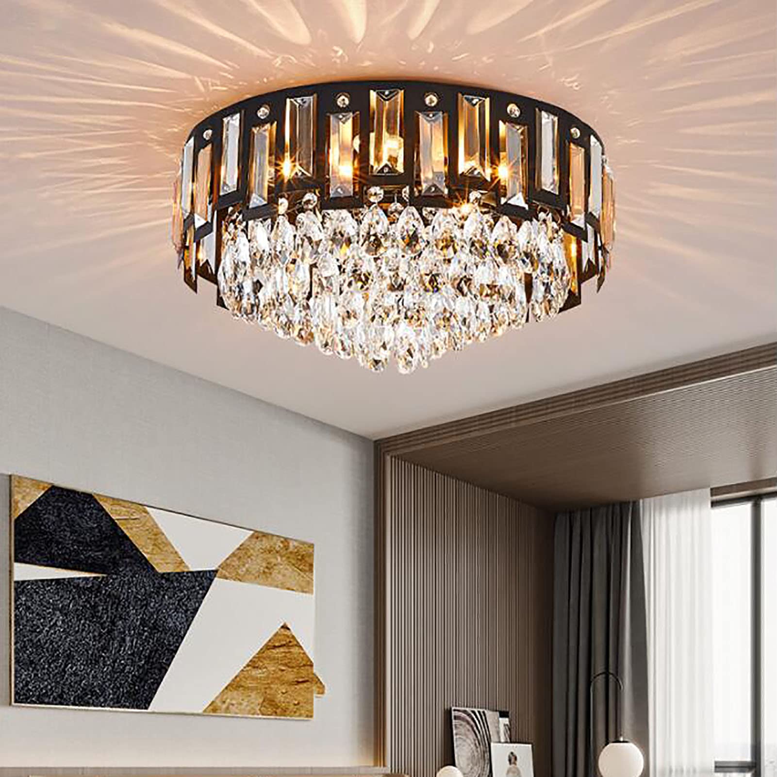 Elegante Lámpara De Techo Para Pasillo Fogón Salón,Moderno Led Cristal Araña De Cristal,E14 Redondo Negro Montaje Empotrado Plafón Con Cristal Gotas-Negro. 60 * 20cm