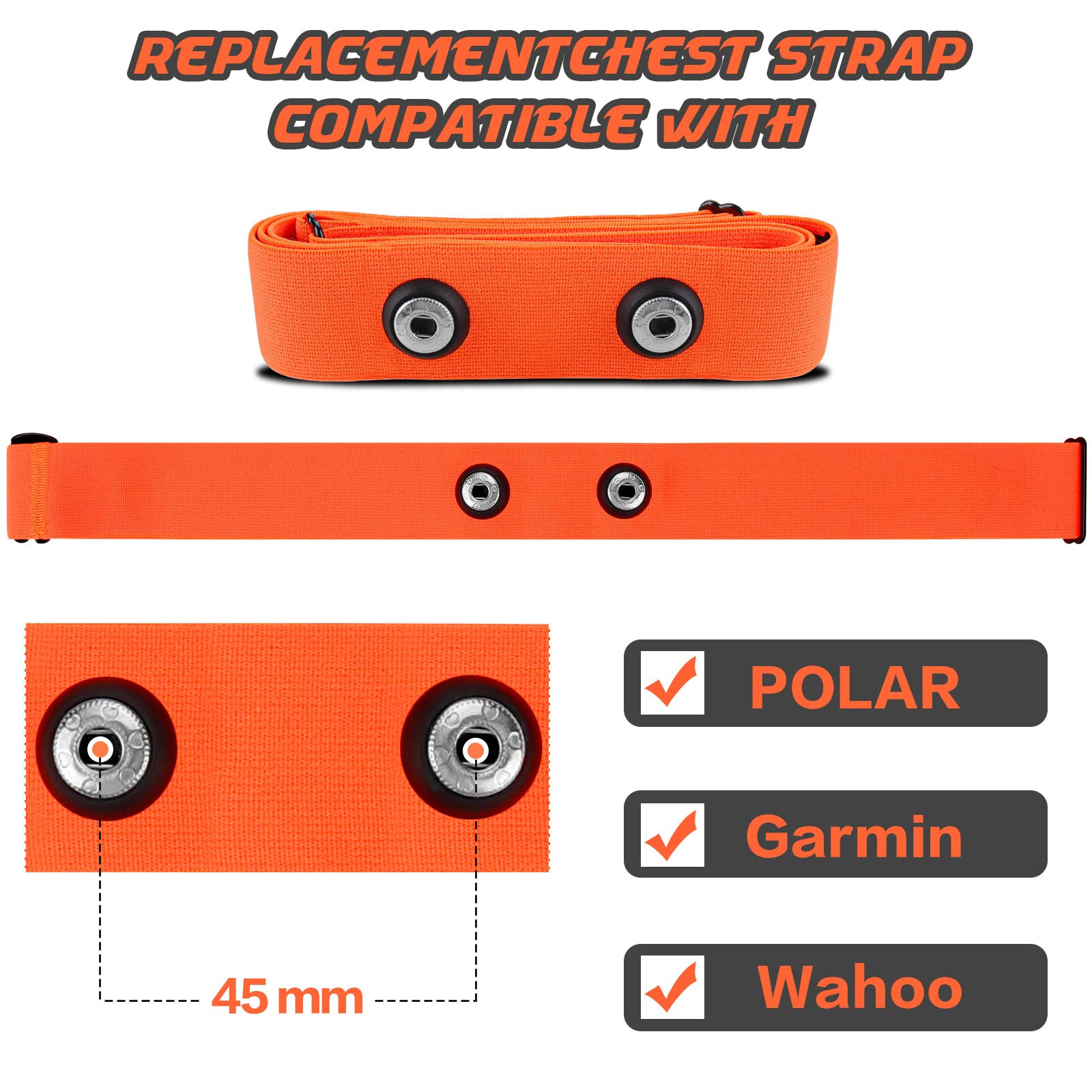 Ceinture Cardio Ceinture de Remplacement Elastique Sangle de Poitrine pour Garmin, Wahoo Sport Moniteur de Fréquence Cardiaque (Orange)
