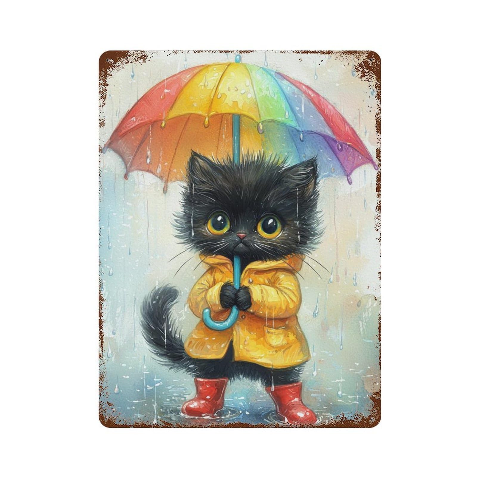 Rainy Day Kitten with Umbrella Rustic Tin Plaque 15.7"x11.8", for Pub, Kitchen And Man Cave Decor, Vintage Wall Decor
