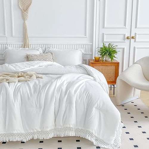 Miniatura 6 de Juego de edredón con borlas blancas, tamaño Queen de 90 x 90 pulgadas, 3 piezas con flecos rosados, juego de ropa de cama bohemio de microfibra