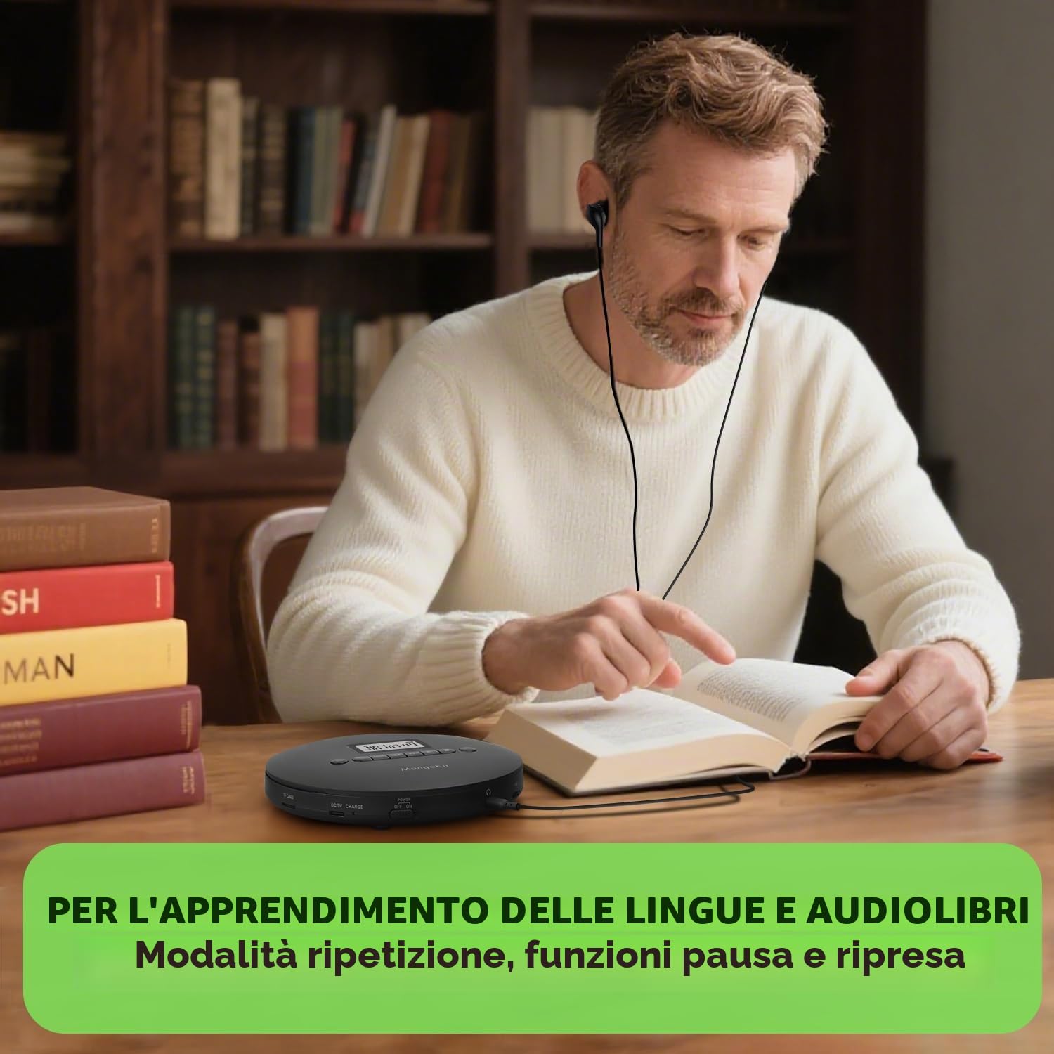 CD-X Lettore CD portatile per auto con Bluetooth, riproduzione MP3, jack per cuffie, funzione anti-scivolamento, batteria ricaricabile – Lettore CD compatto per viaggi, casa e