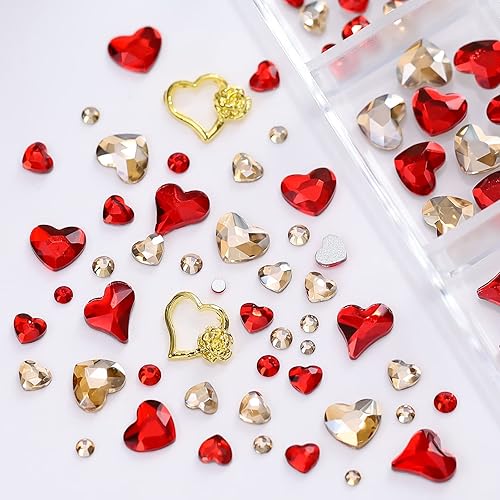 Miniatura 4 de 1 caja de 767 dijes de corazón rojo hueco 3D para decoración de uñas, gemas de amor, decoración de uñas con purpurina, corazón rojo champán, día del