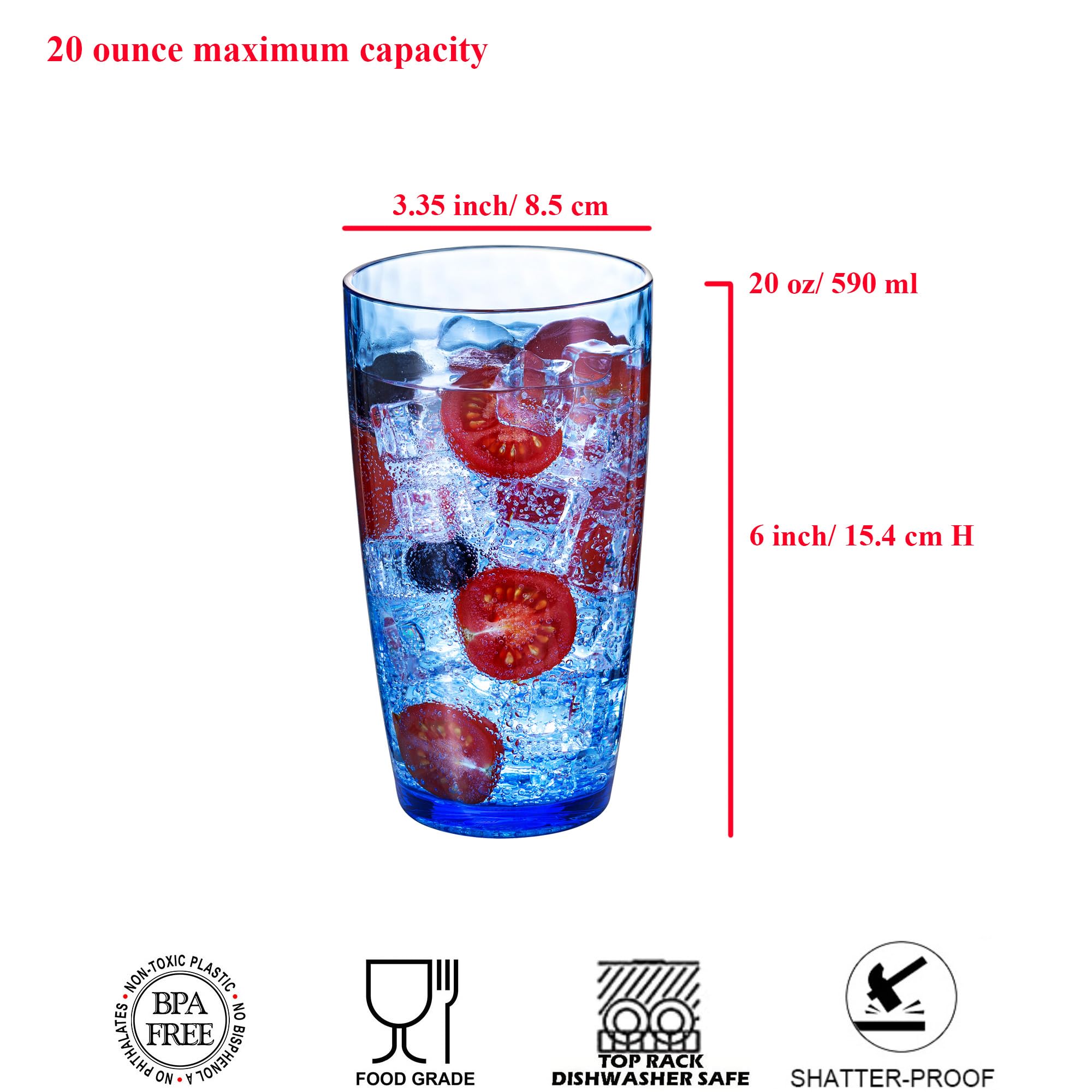 ZAINCA 20-ounce Plastic Tumblers, Acrylic Drinking Glasses High-Balls, set of 6 Multicolor Reusable Plastic Cups, Hammered Style Stackable, BPA-Free, Shatter-Proof, Dishwasher-Safe