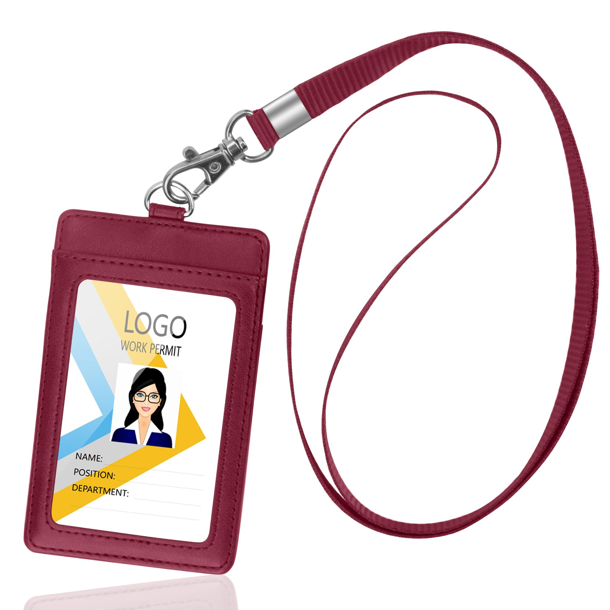 Arae Card Holder Vertical PU Leather Badge Holder with 1 Clear ID Card Window 1 Card Slot and 1 Neck Lanyard for Office/School ID Credit Card Driver License - Red