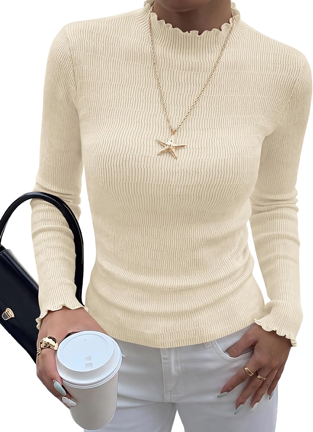BTFBM Long Sleeve T Shirts for Women Ruffle Mock Neck Tops