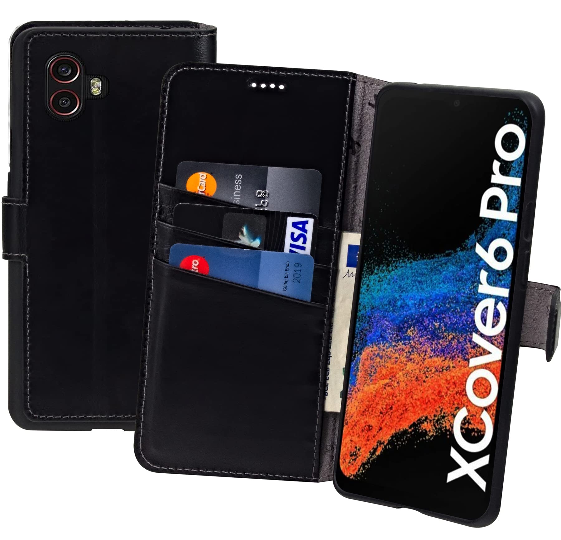 Suncase Book-Style Hülle kompatibel mit Samsung Galaxy XCover 6 Pro 5G Leder Tasche (Slim-Fit) Lederhülle Handytasche Schutzhülle Case mit 3 Kartenfächer in schwarz