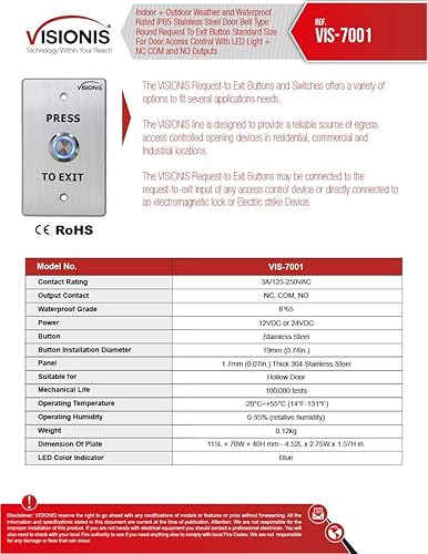 Miniatura 2 de Visionis FPC-7328 SS800-G Cerradura electromagnética al aire libre 800lbs con LED delgado resistente a la intemperie Botón de salida NO, NC, COM