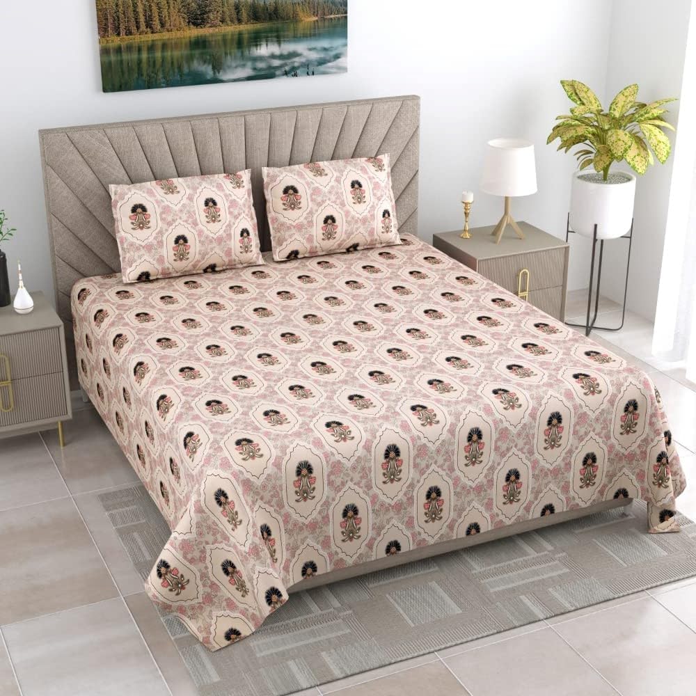 300 TC Microfiber XXL Soft Cotton Super King Size Bedsheet for Double Bed, King Size 108 Inches X 108 Inches, 9 Feet, 275 X 275 cm with 2 Large Size Pillow Covers - BeigeVaseFlower