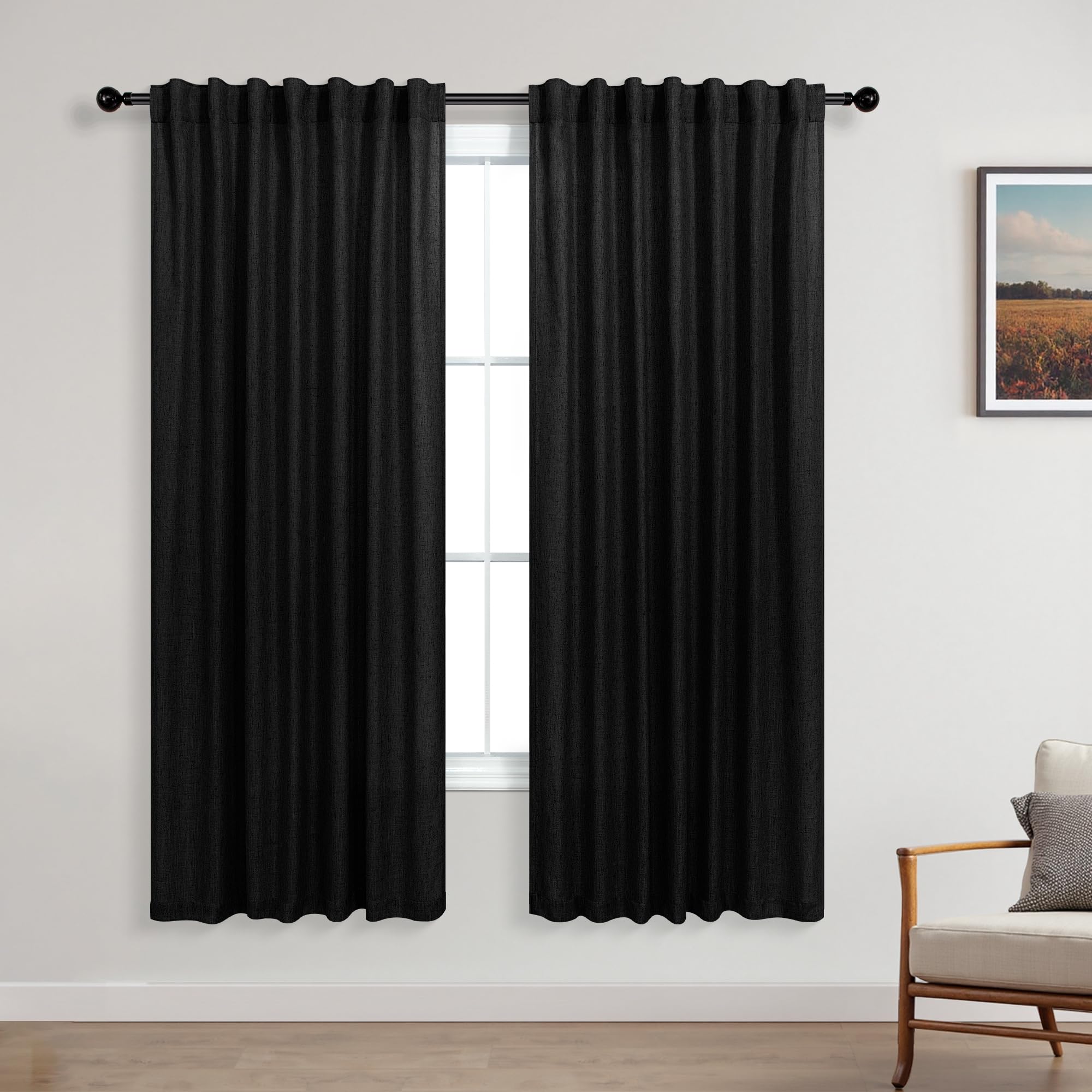 KOUFALL Black Curtains 63 Inch Length for Bedroom Back Tab Linen Semi Sheer Curtains for Living Room — image 1