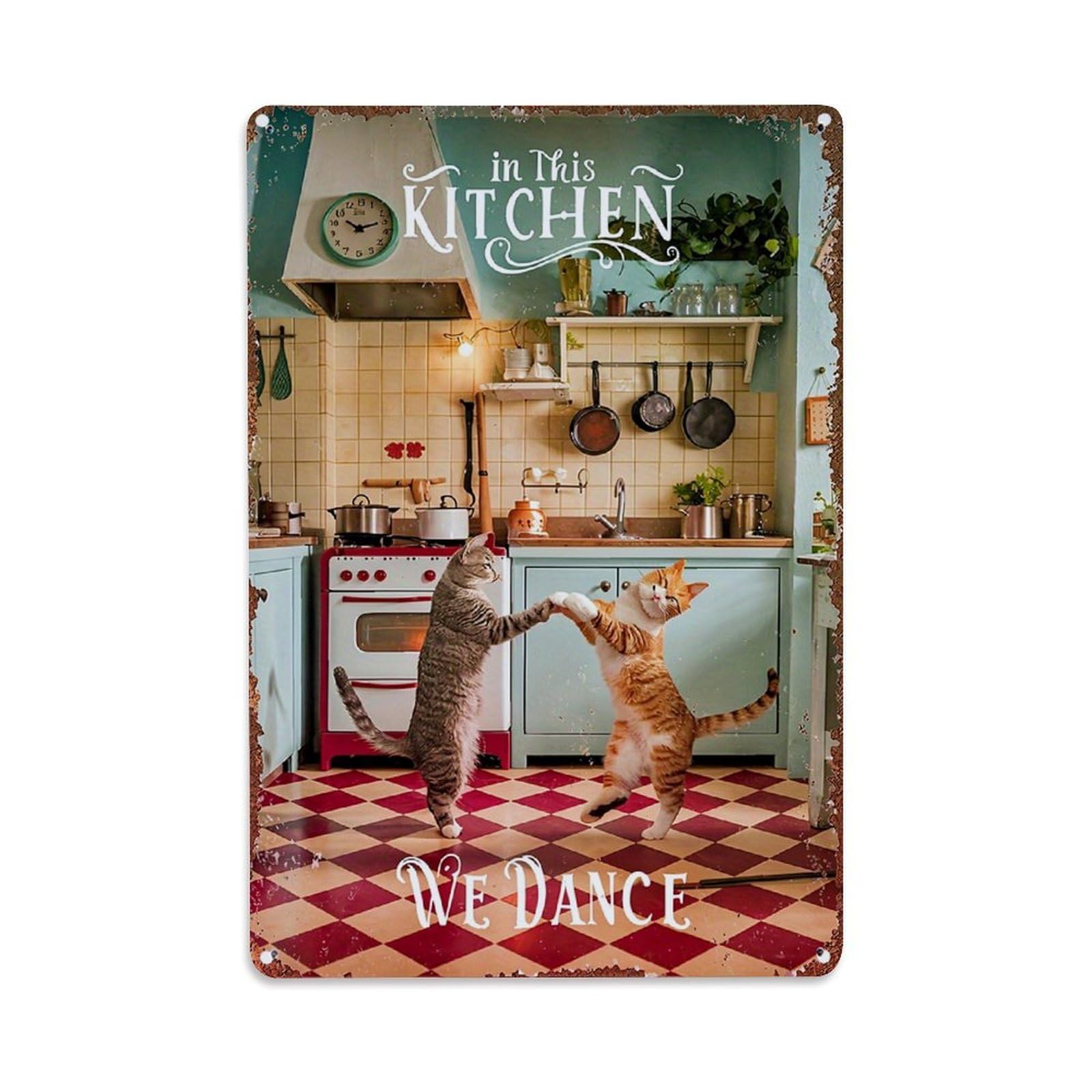Cats Dancing In Kitchen Scene Retro Metal Tin Sign, Vintage Decor Art Poster for Bar, Home, Man Cave, Kitchen, Laundry Room Gift 8x12Inch