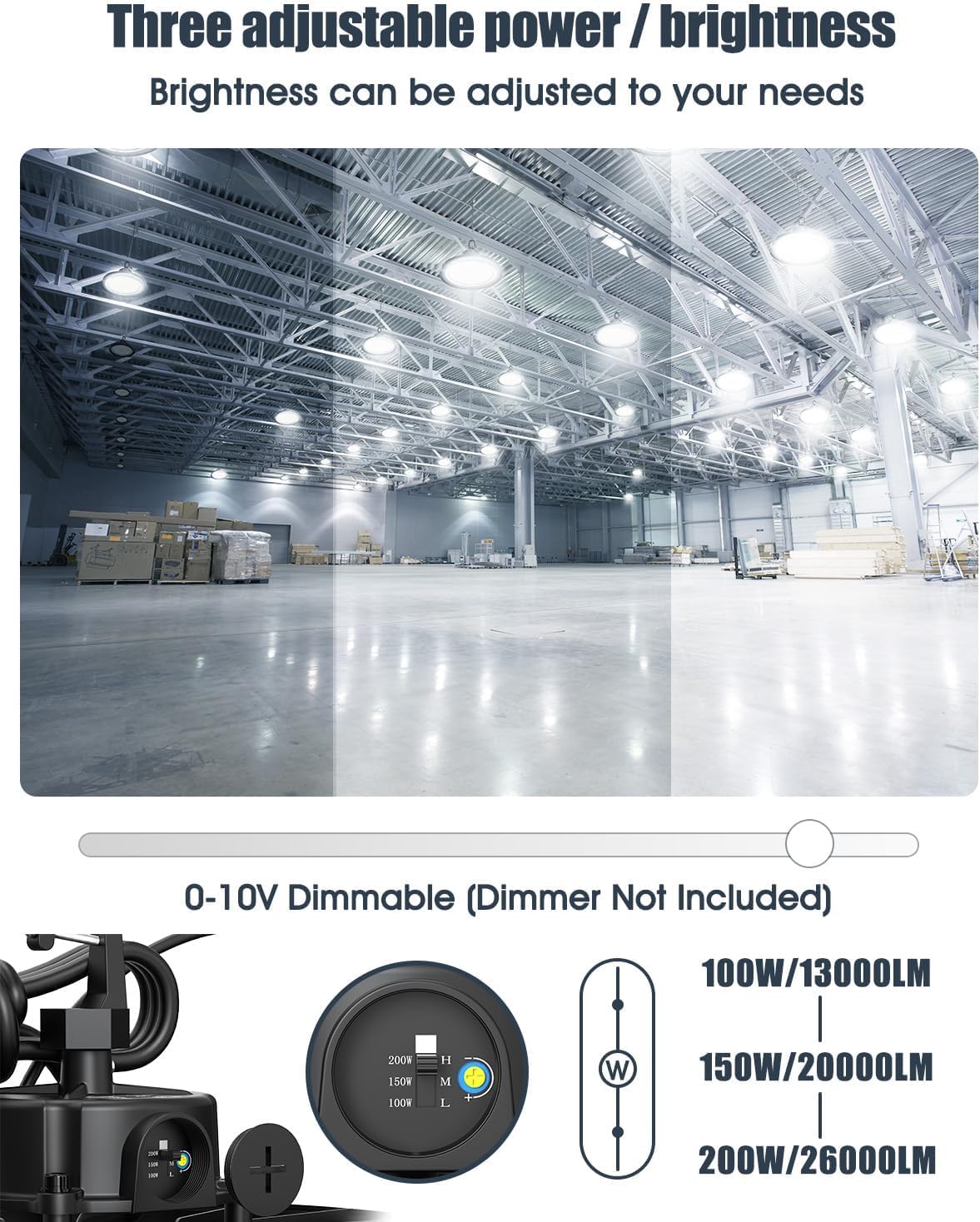 200W Adjustable LED High Bay Light - 100W 150W 200W Selectable 0-10V Dimmable 130LM W Super Bright 6500K — view 9