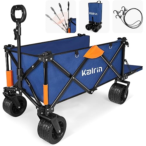 Kalrin Collapsible Folding Wagon, Portable Large Capacity Beach Wagon Cart with Opened Tailgate, Heavy Duty Utility Wagon with All-Terrain Wheels and Two Elastic Ropes for Camping, Garden, Sports